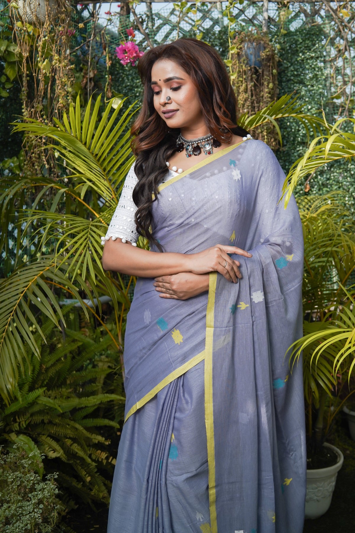 Grey & Blue Hand Weaving Mul Mul Cotton Saree