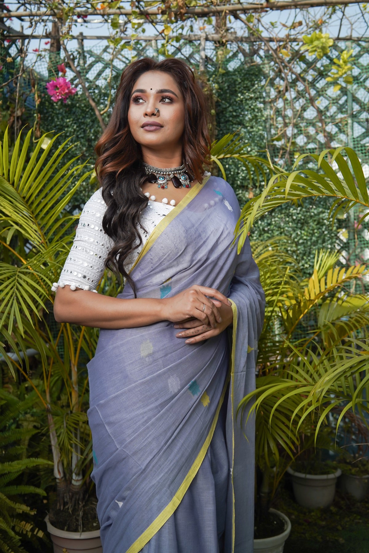Grey & Blue Hand Weaving Mul Mul Cotton Saree