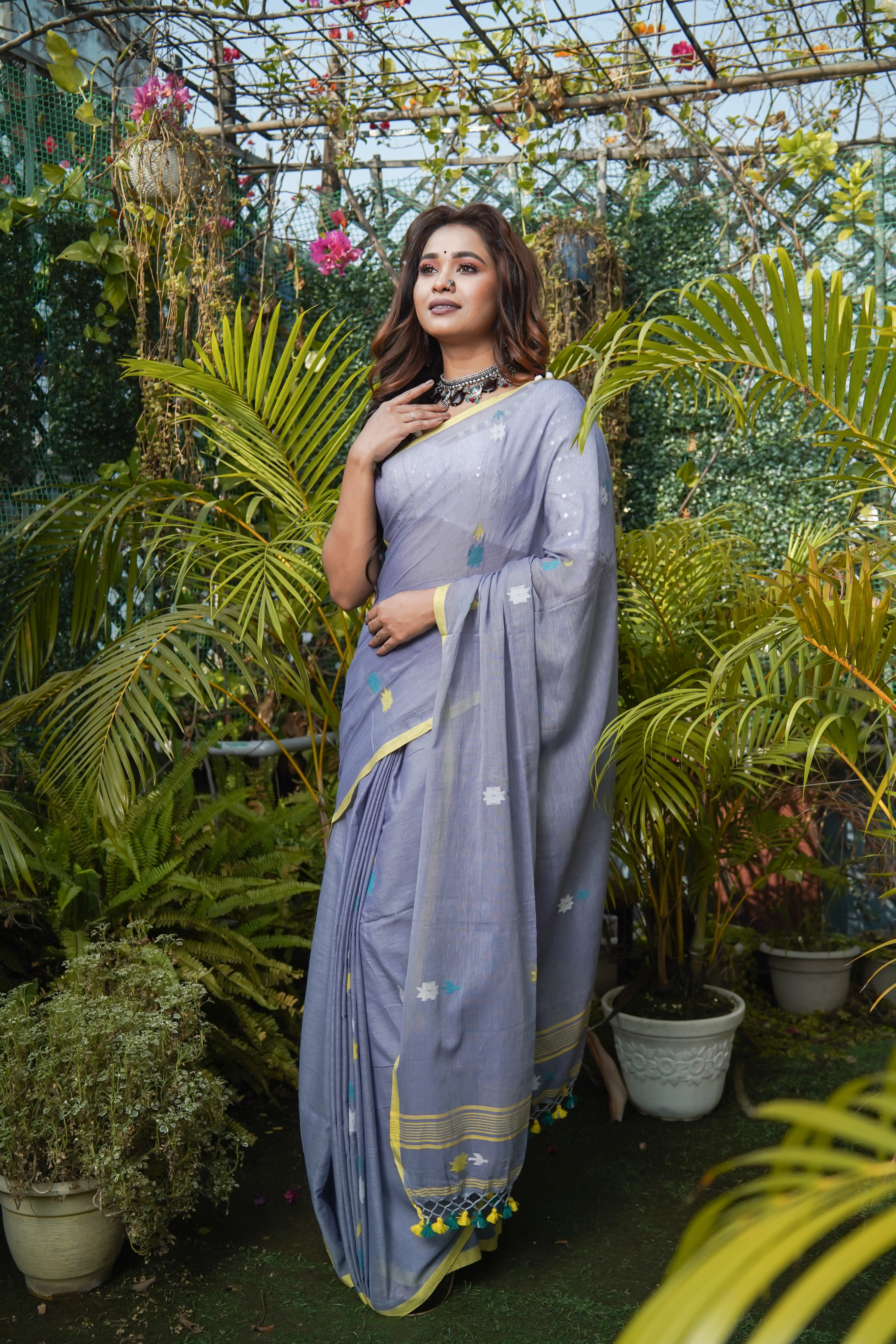Grey & Blue Hand Weaving Mul Mul Cotton Saree