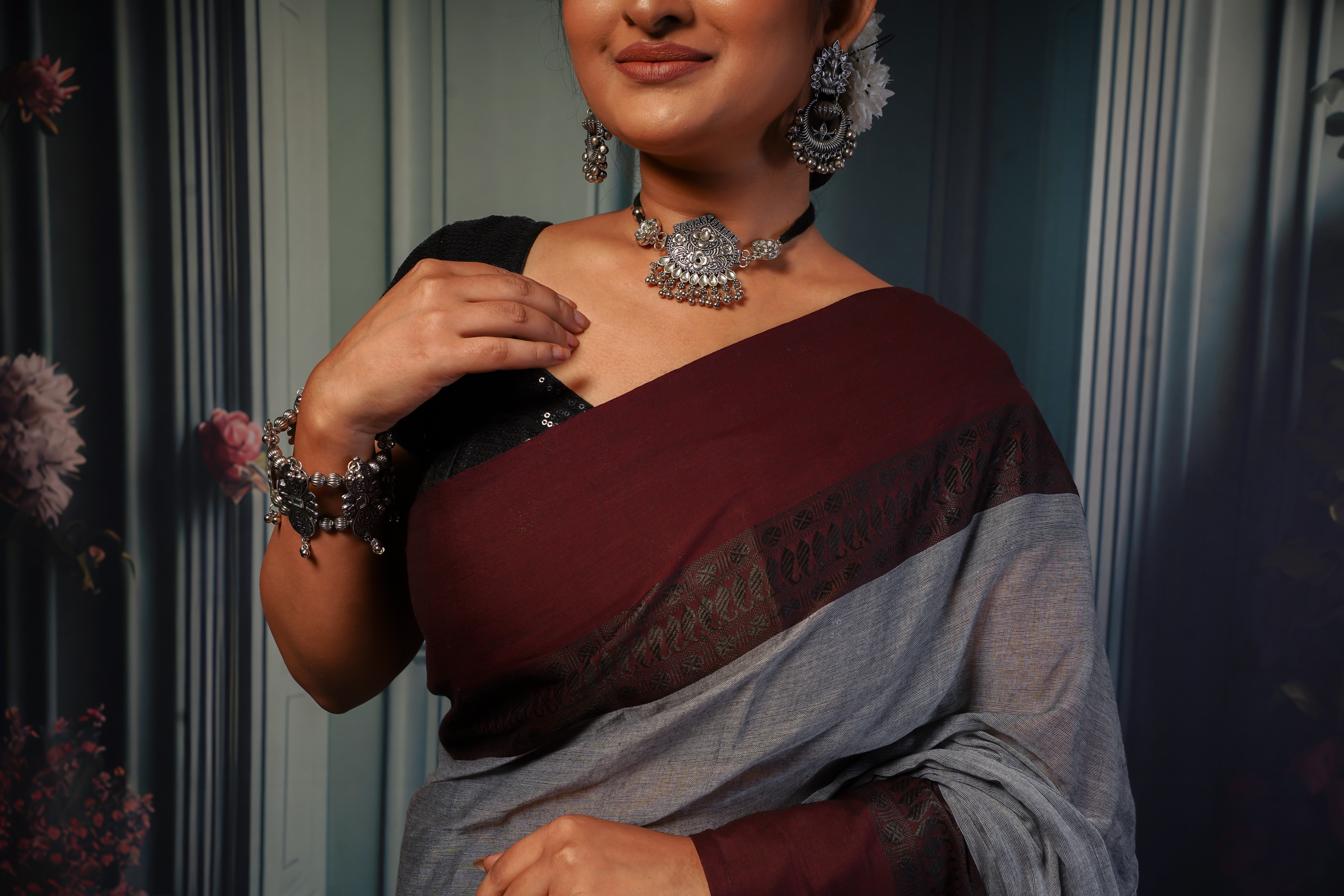 Grey & Maroon Mul Mul Cotton Saree