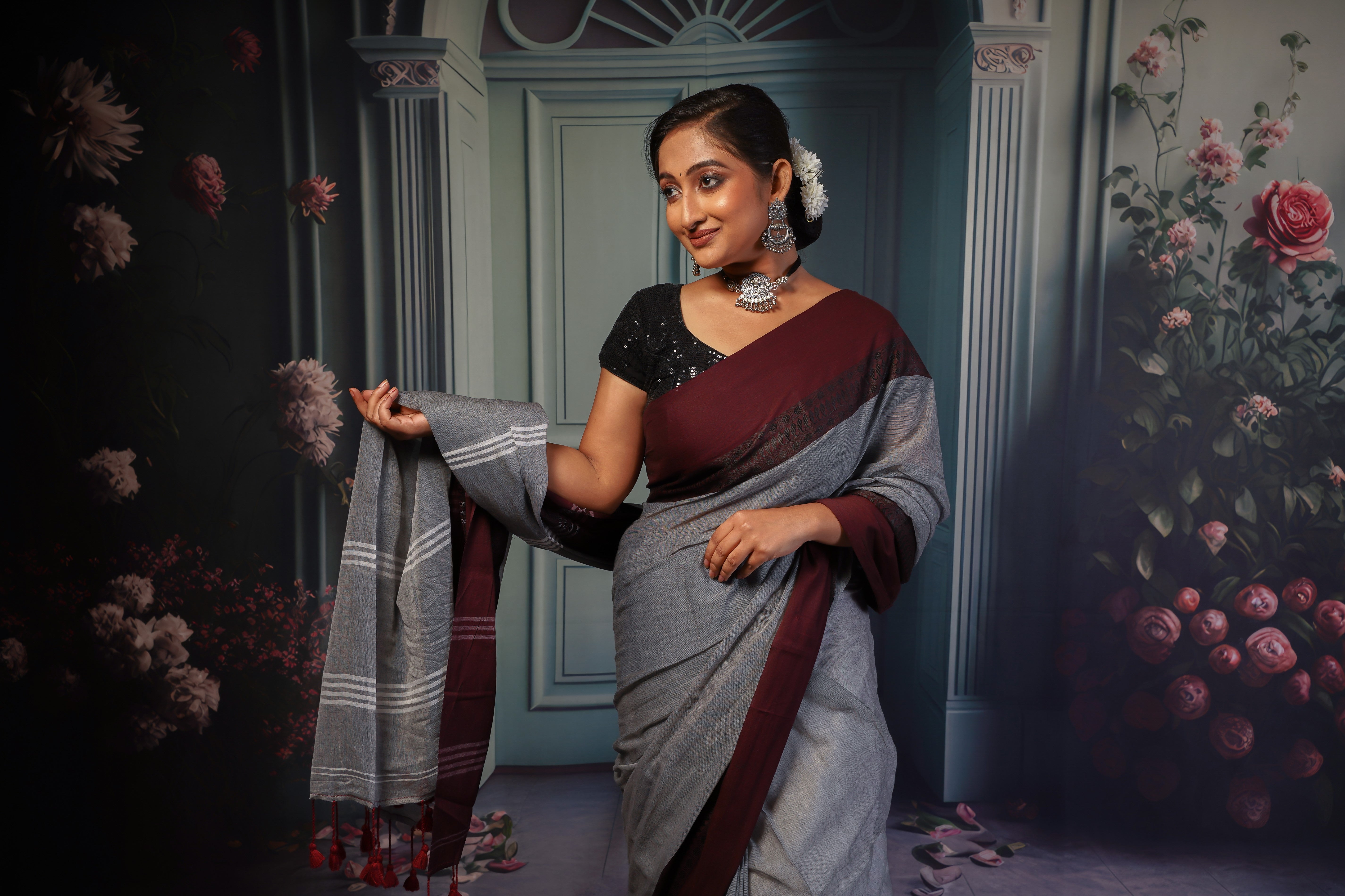 Grey & Maroon Mul Mul Cotton Saree