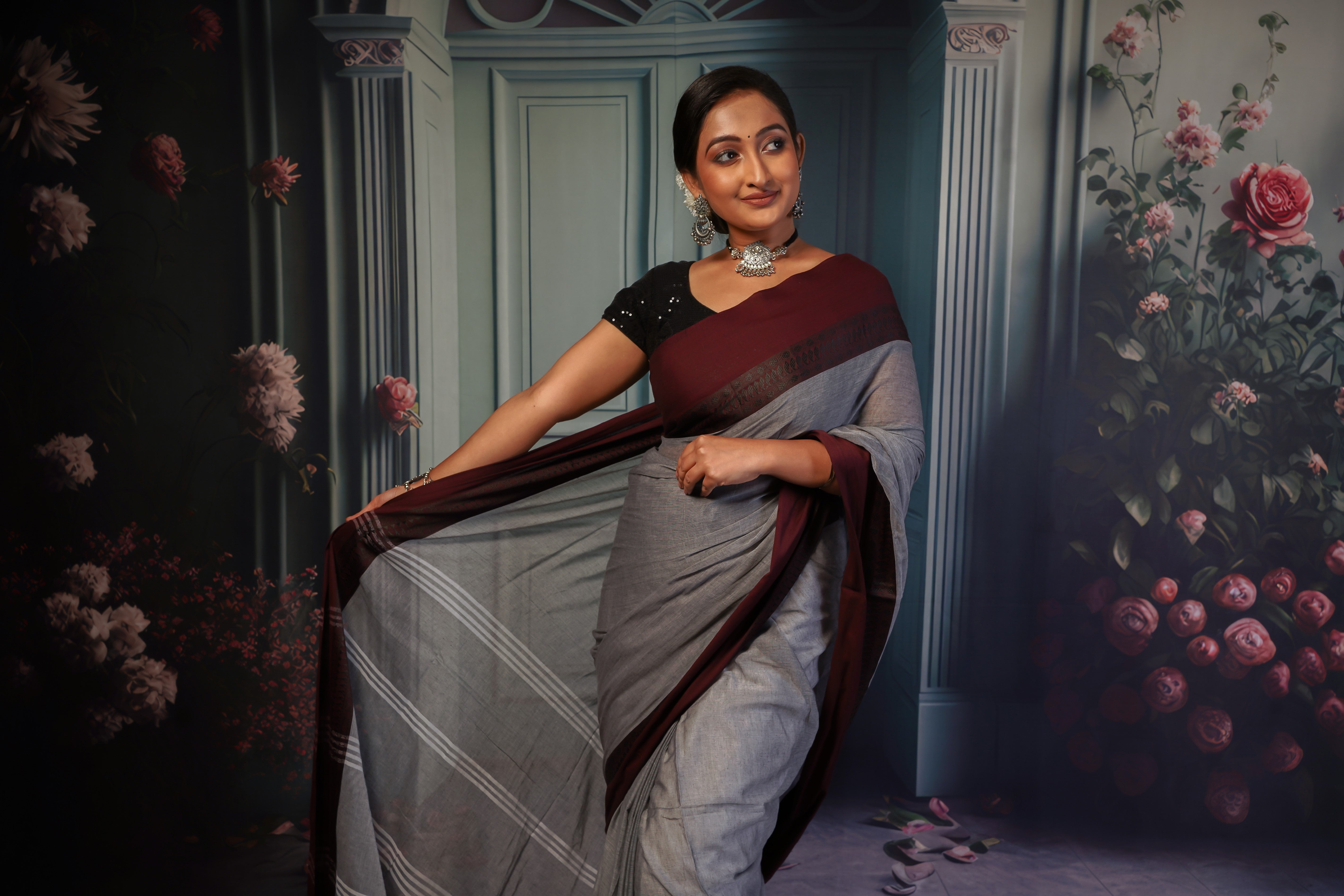 Grey & Maroon Mul Mul Cotton Saree