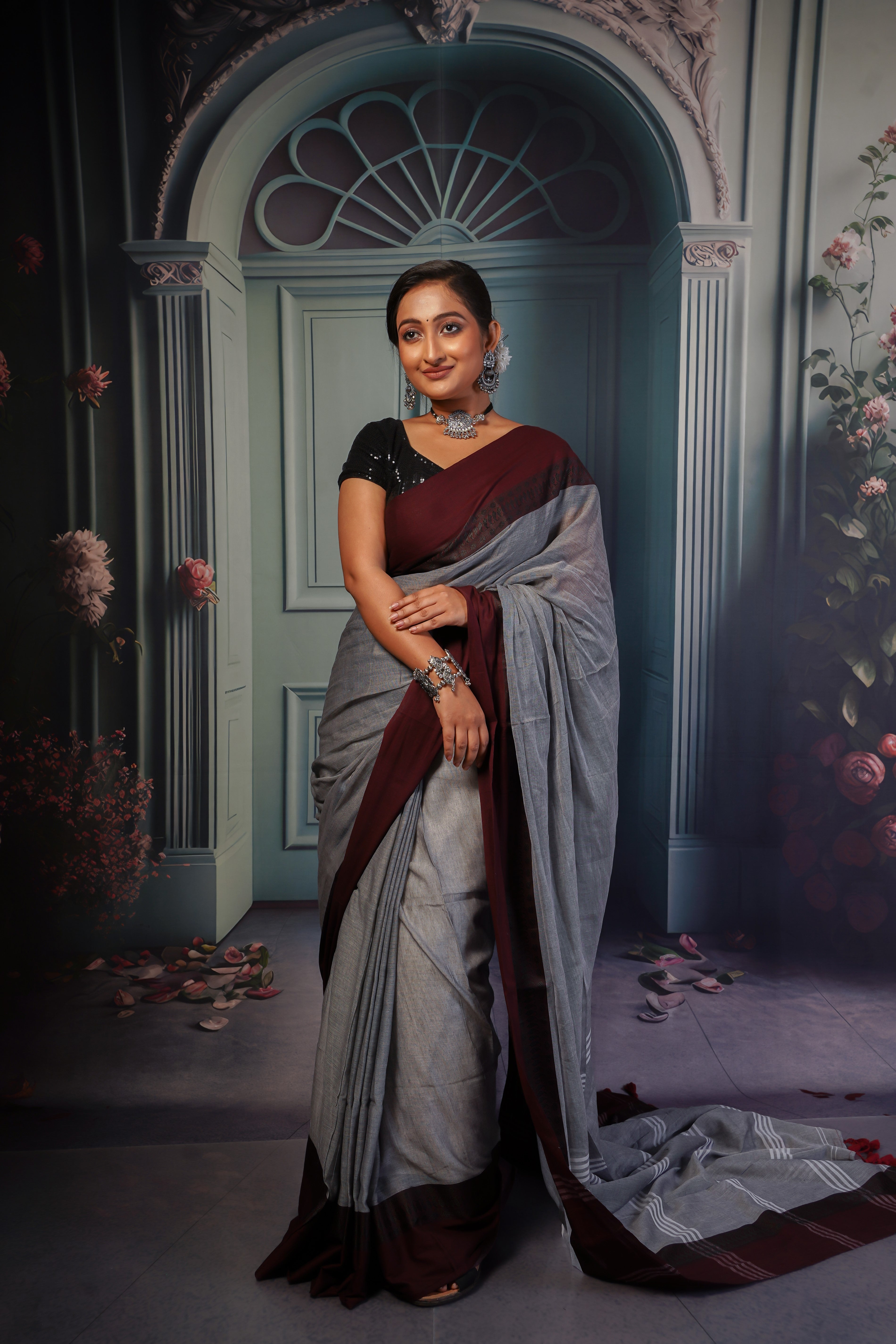 Grey & Maroon Mul Mul Cotton Saree