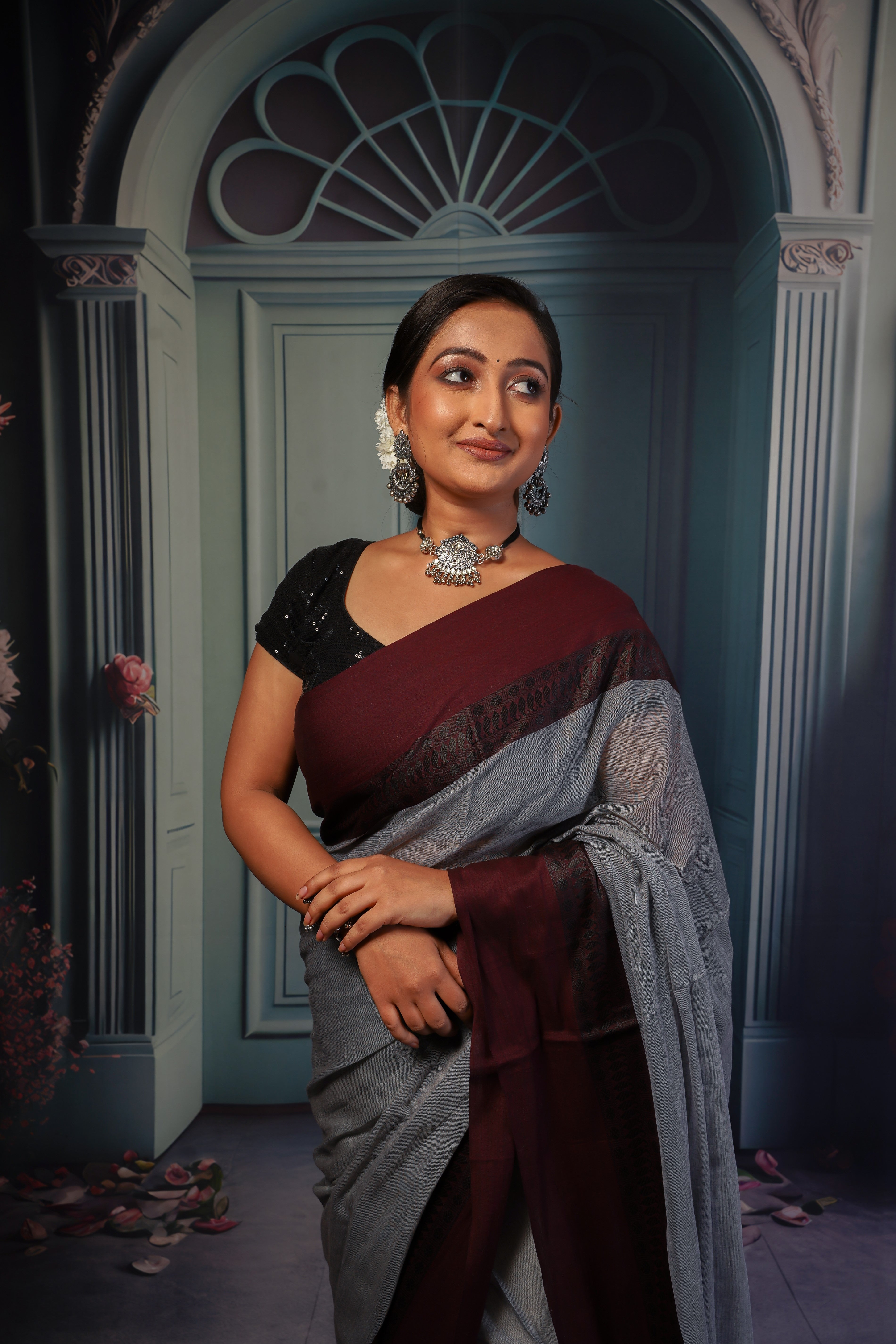 Grey & Maroon Mul Mul Cotton Saree