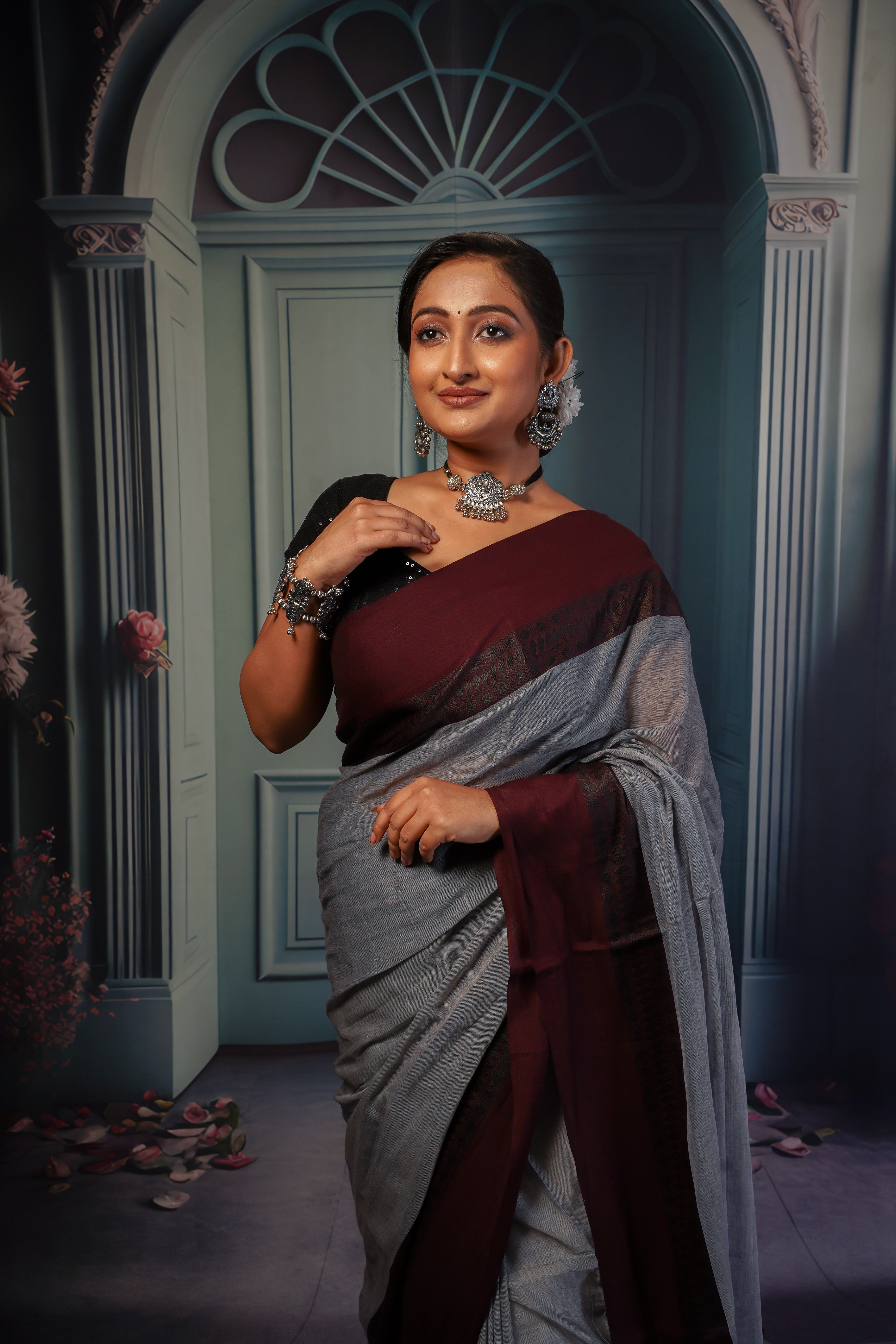 Grey & Maroon Mul Mul Cotton Saree