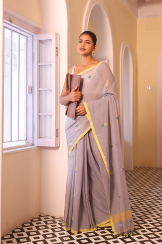 Grey Floral Handwoven Pure Mulmul Cotton Saree