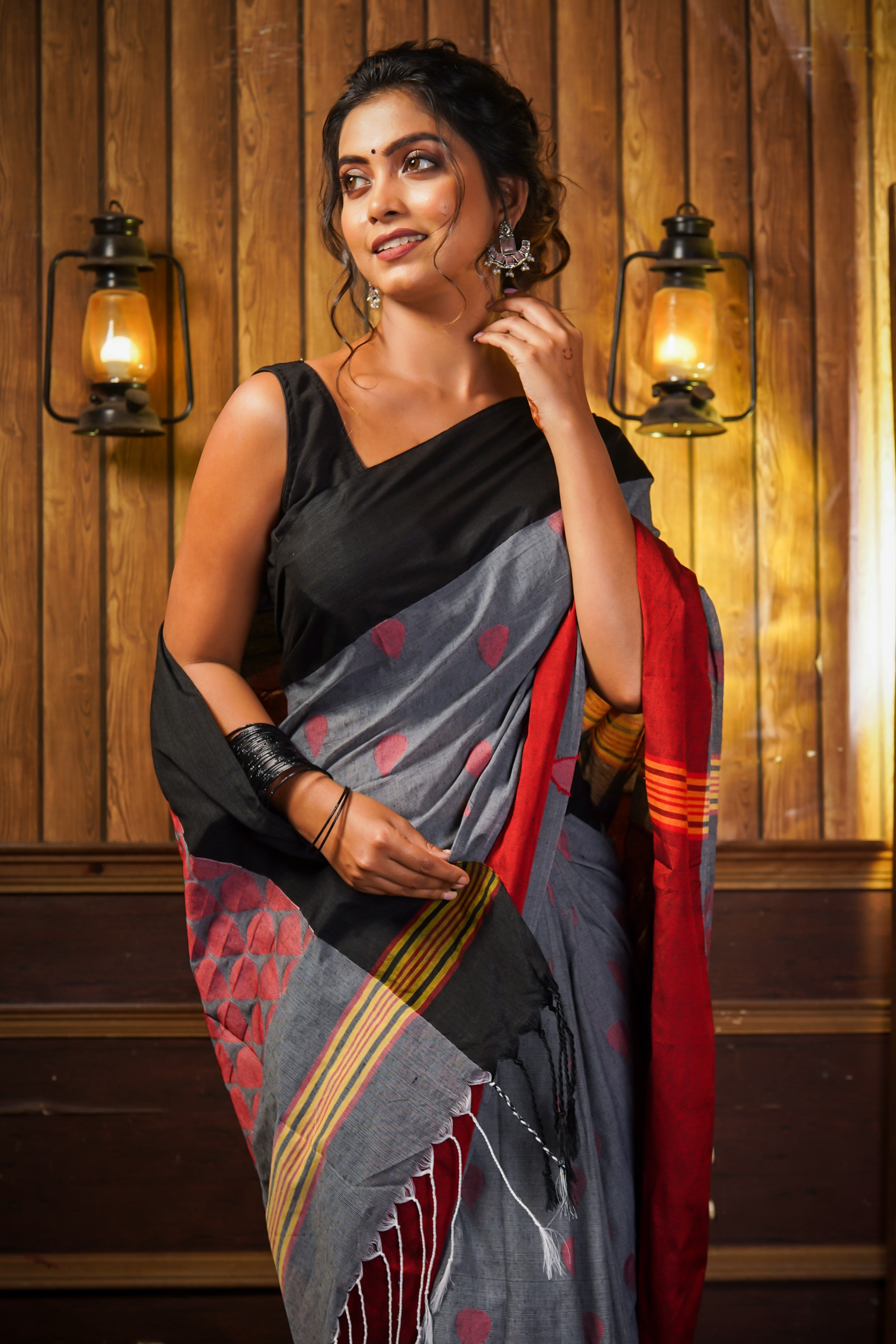 Grey Pure Khadi Cotton Hand Woven saree