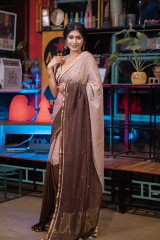 Brown Half-half gini Work Mul Cotton Saree