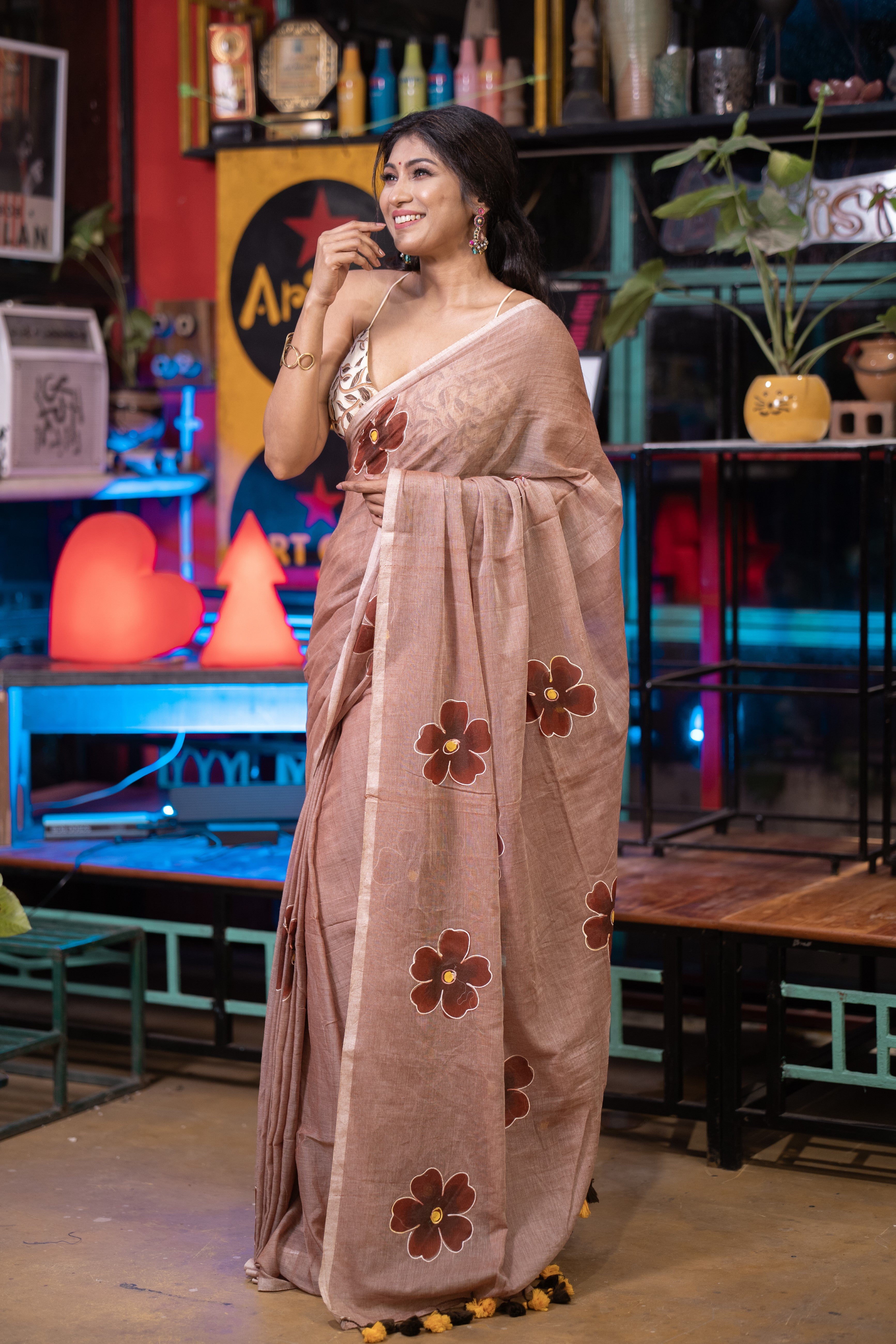 Wooden Hand-Printed Floral Mulmul Cotton Saree