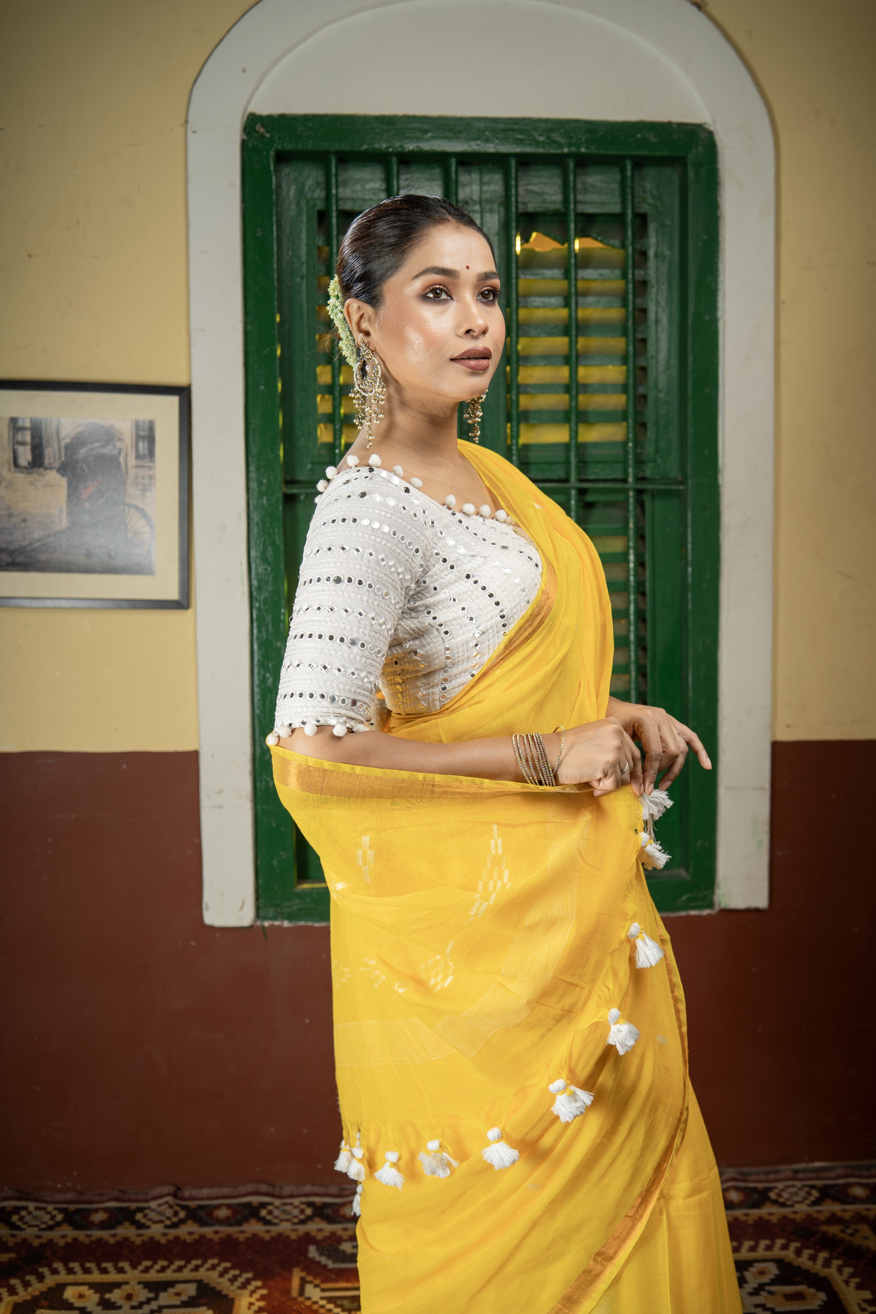 Hand Weaving Mulmul Cotton Saree- Yellow