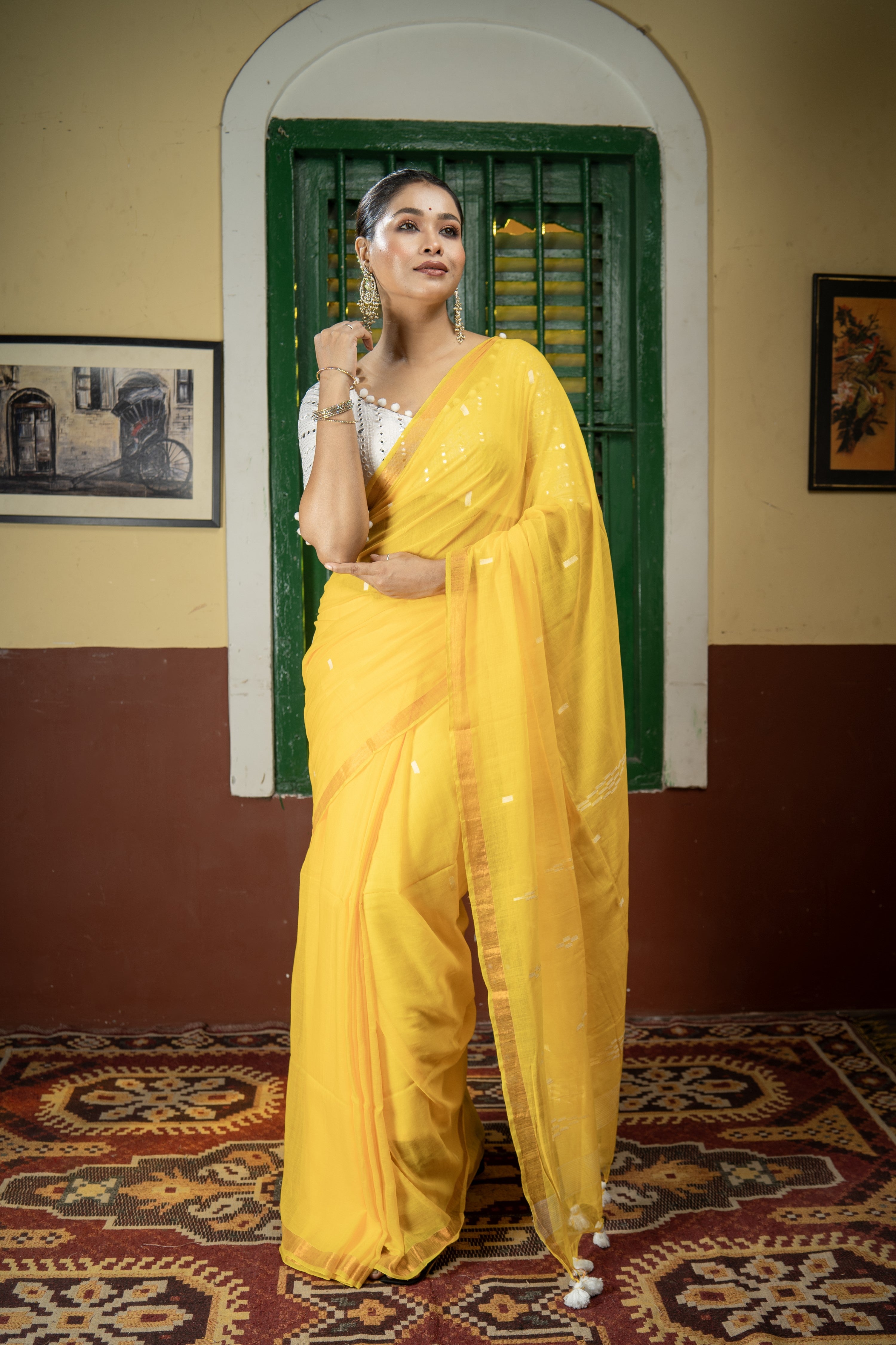 Hand Weaving Mulmul Cotton Saree- Yellow