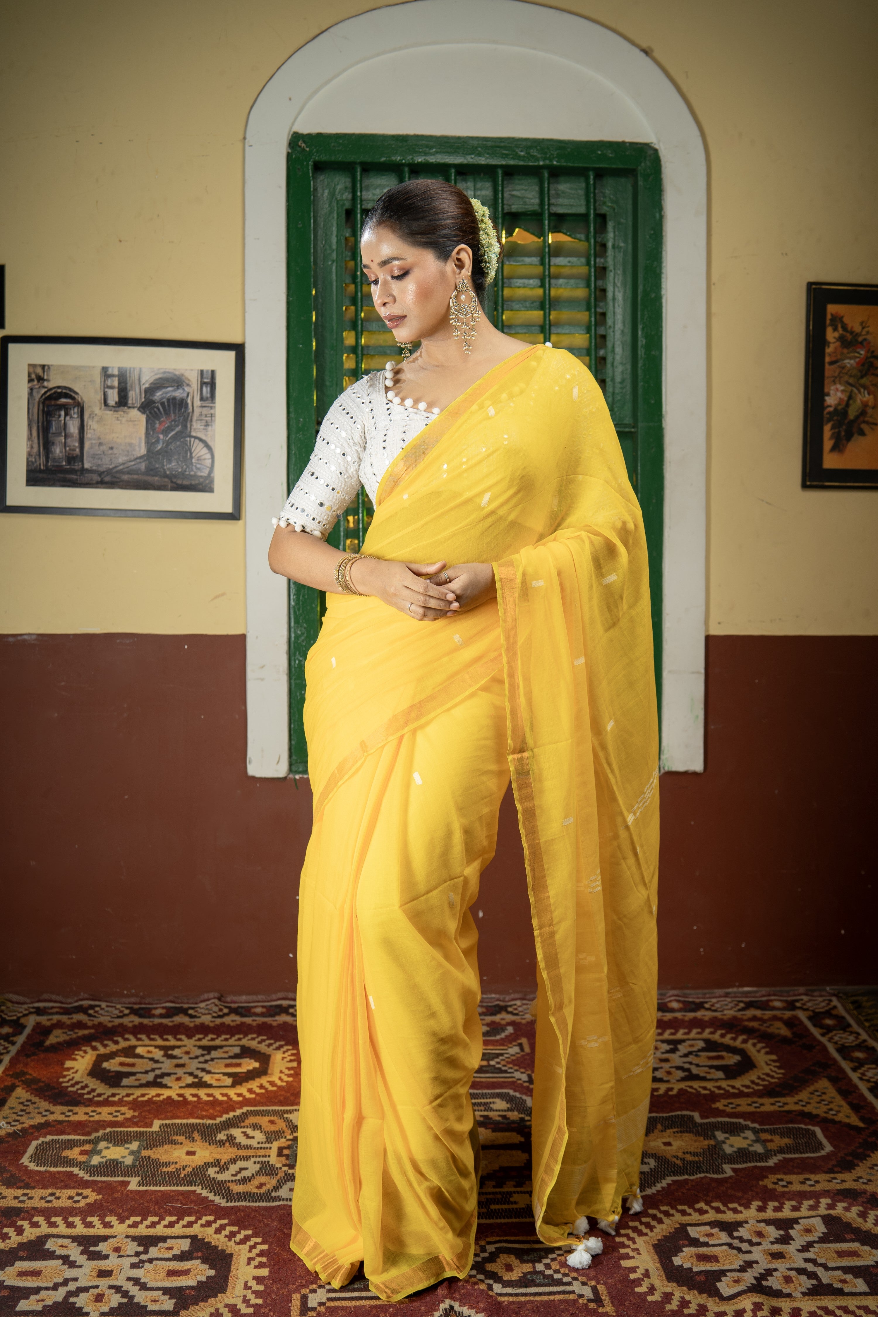 Hand Weaving Mulmul Cotton Saree- Yellow