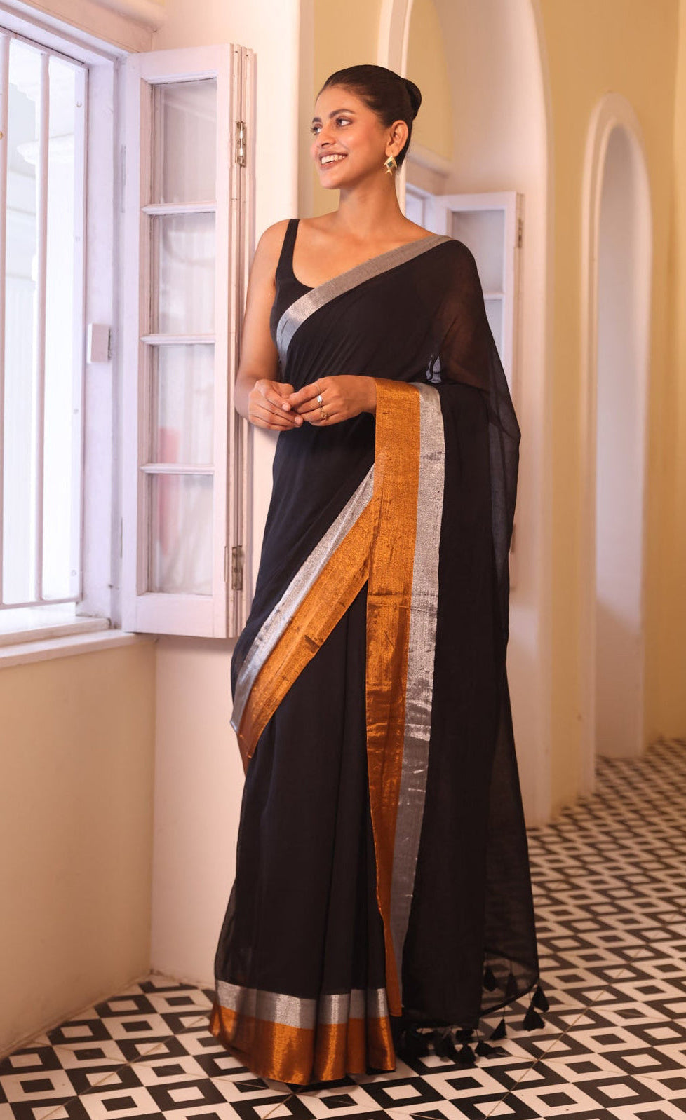 Black Mulmul Cotton Saree with Golden & Silver Zari Border