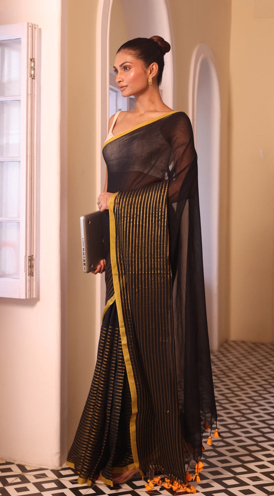 Black & golden half half mulmul cotton saree