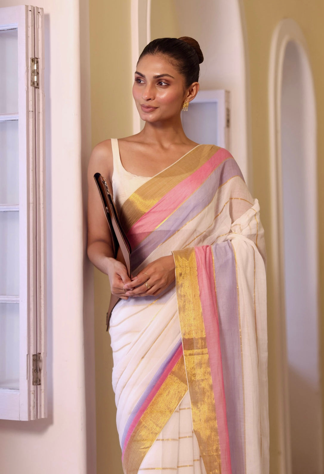 White Mulmul Cotton Saree with Golden Zari Check Border
