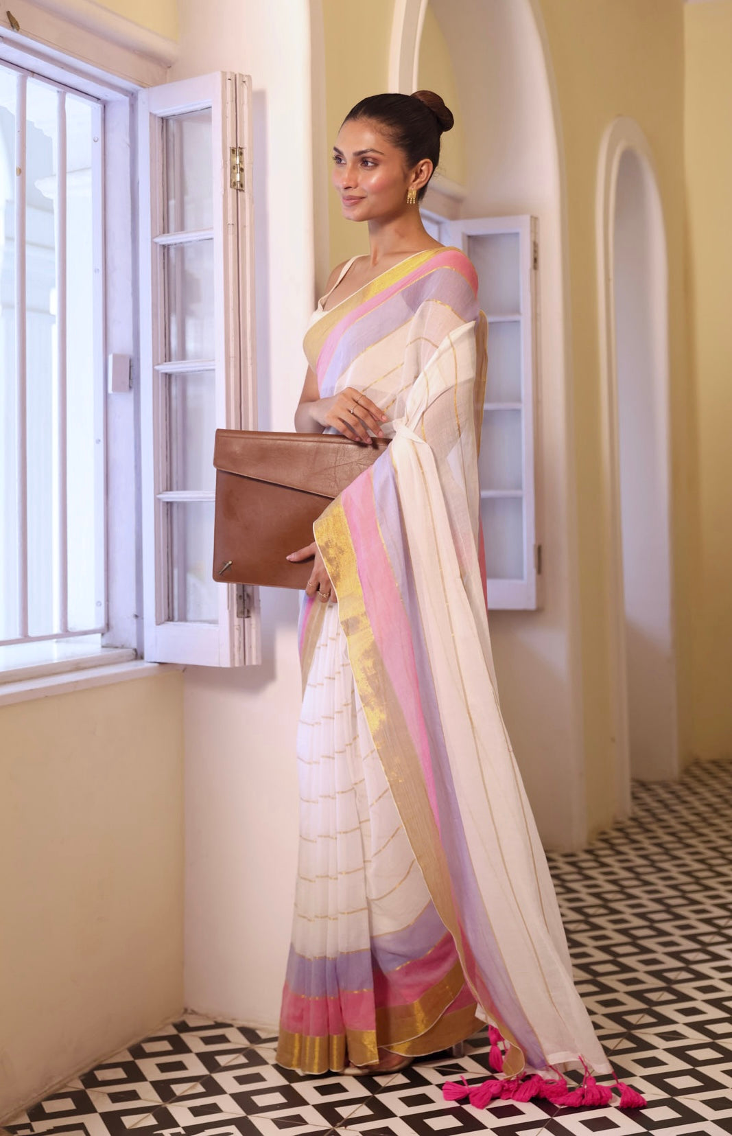 White Mulmul Cotton Saree with Golden Zari Check Border