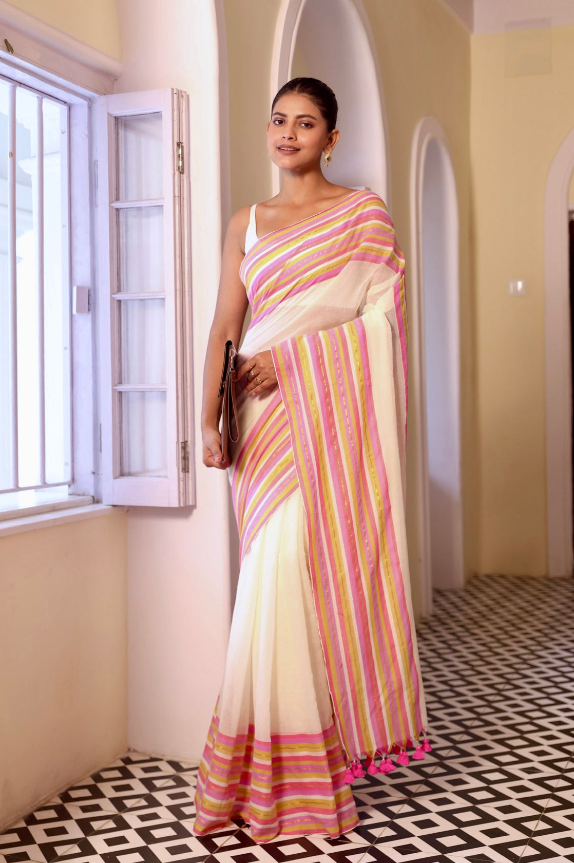 Off White Striped Mul Cotton Saree with Mahapar Border