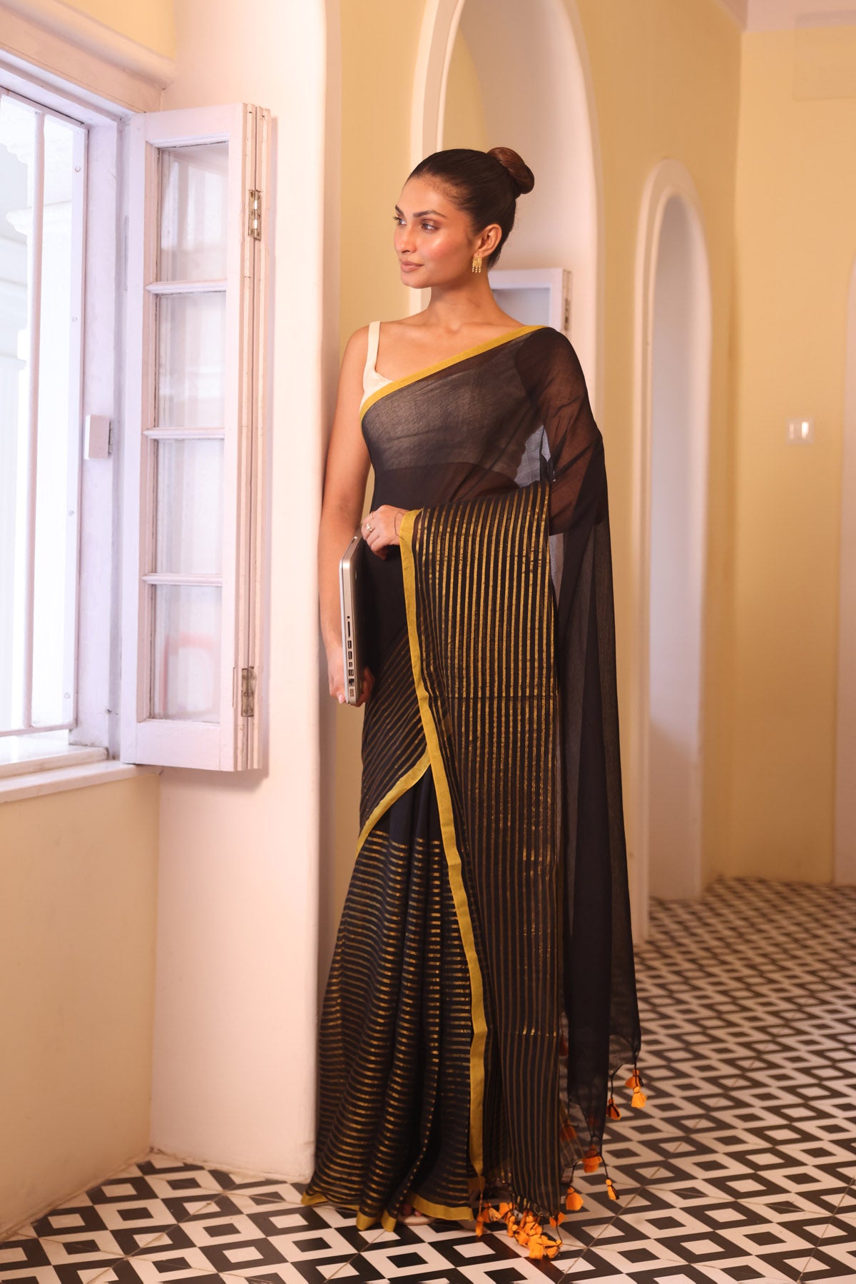 Black & golden half half mulmul cotton saree