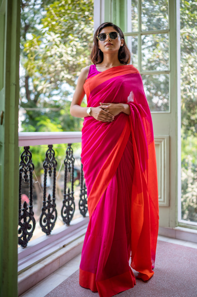 Rani & orange Mul Mul Cotton Saree