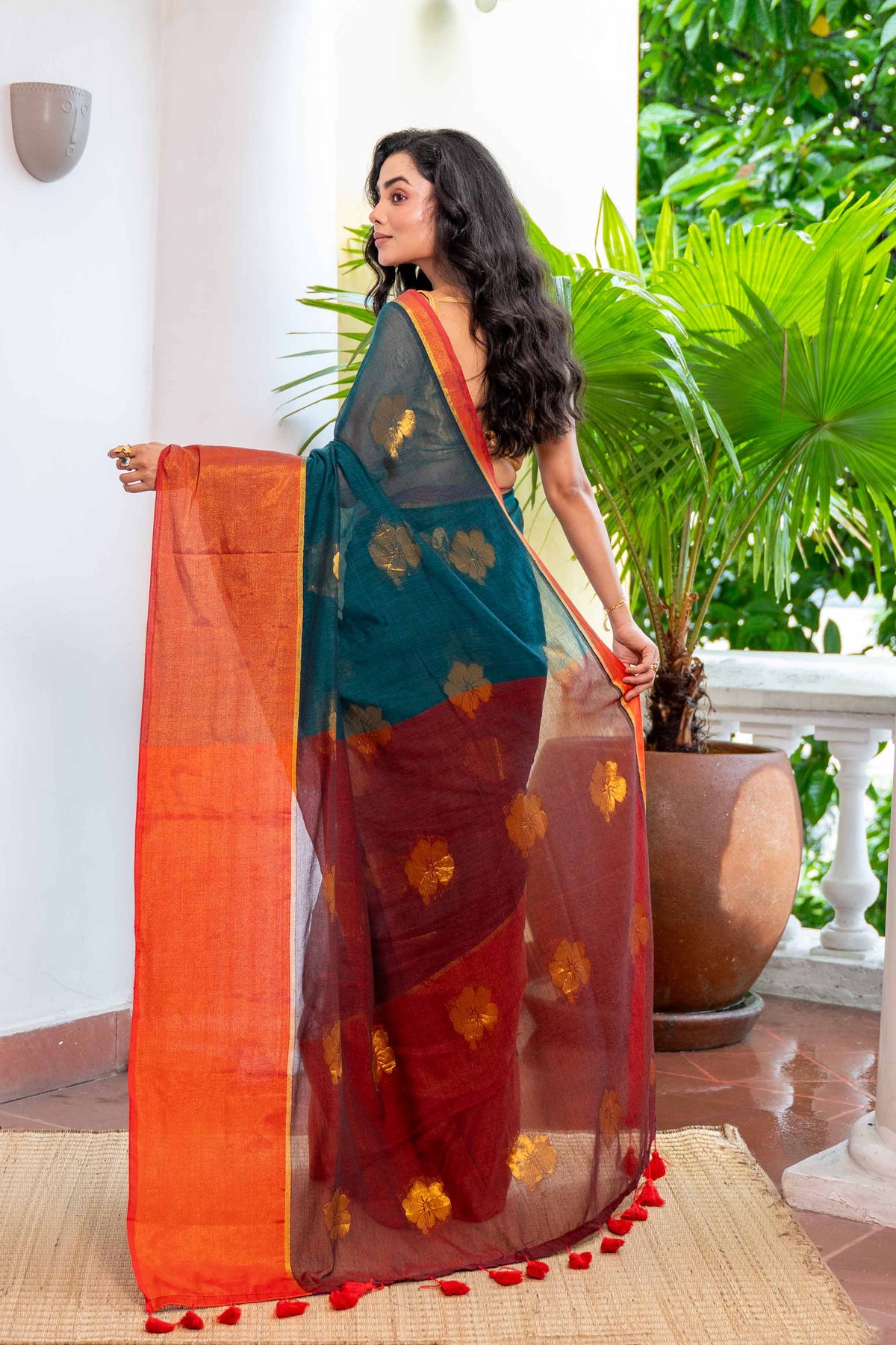 Teal Hibiscus Gold Zari Thread Mulmul Cotton Saree with Blouse Piece