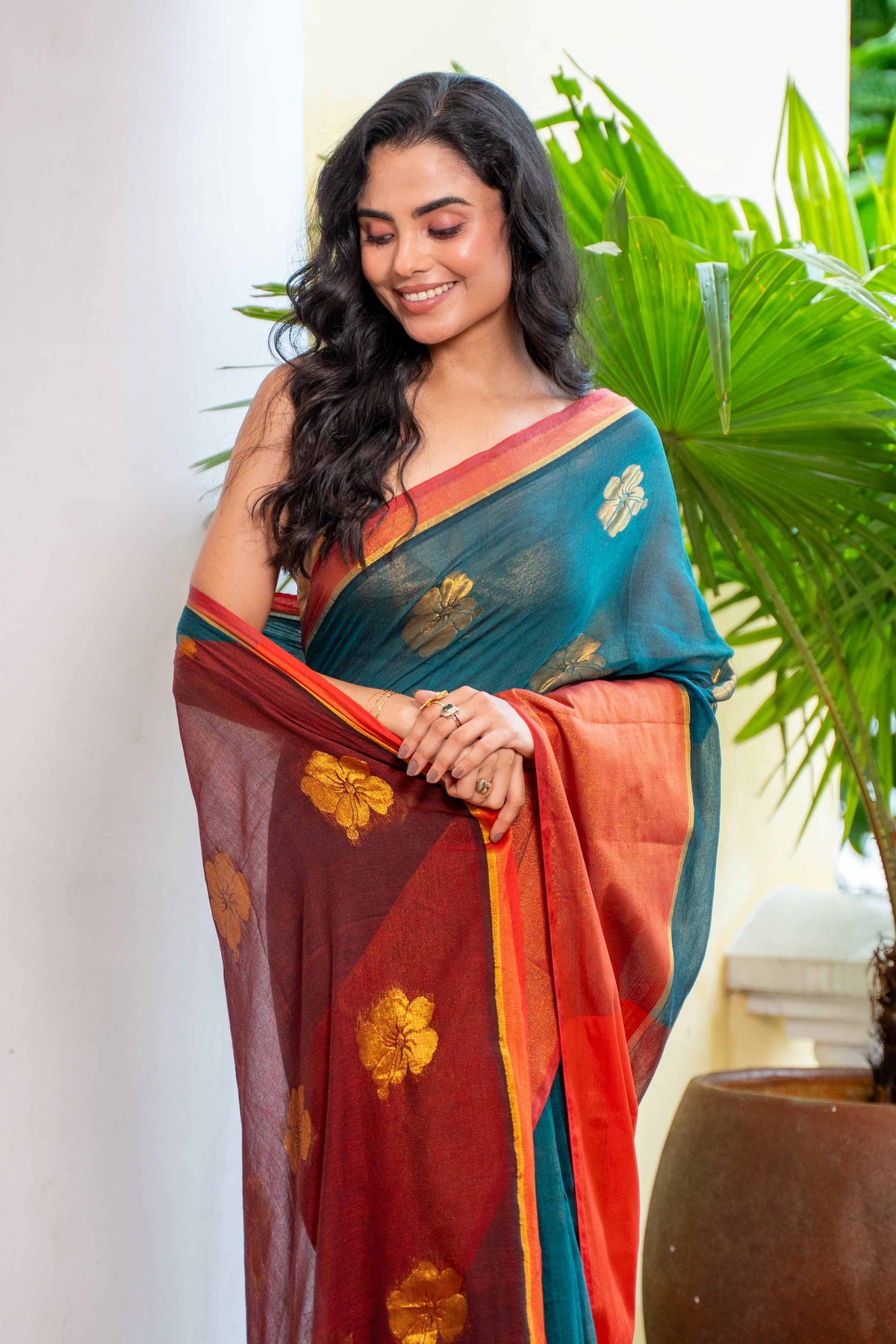 Teal Hibiscus Gold Zari Thread Mulmul Cotton Saree with Blouse Piece