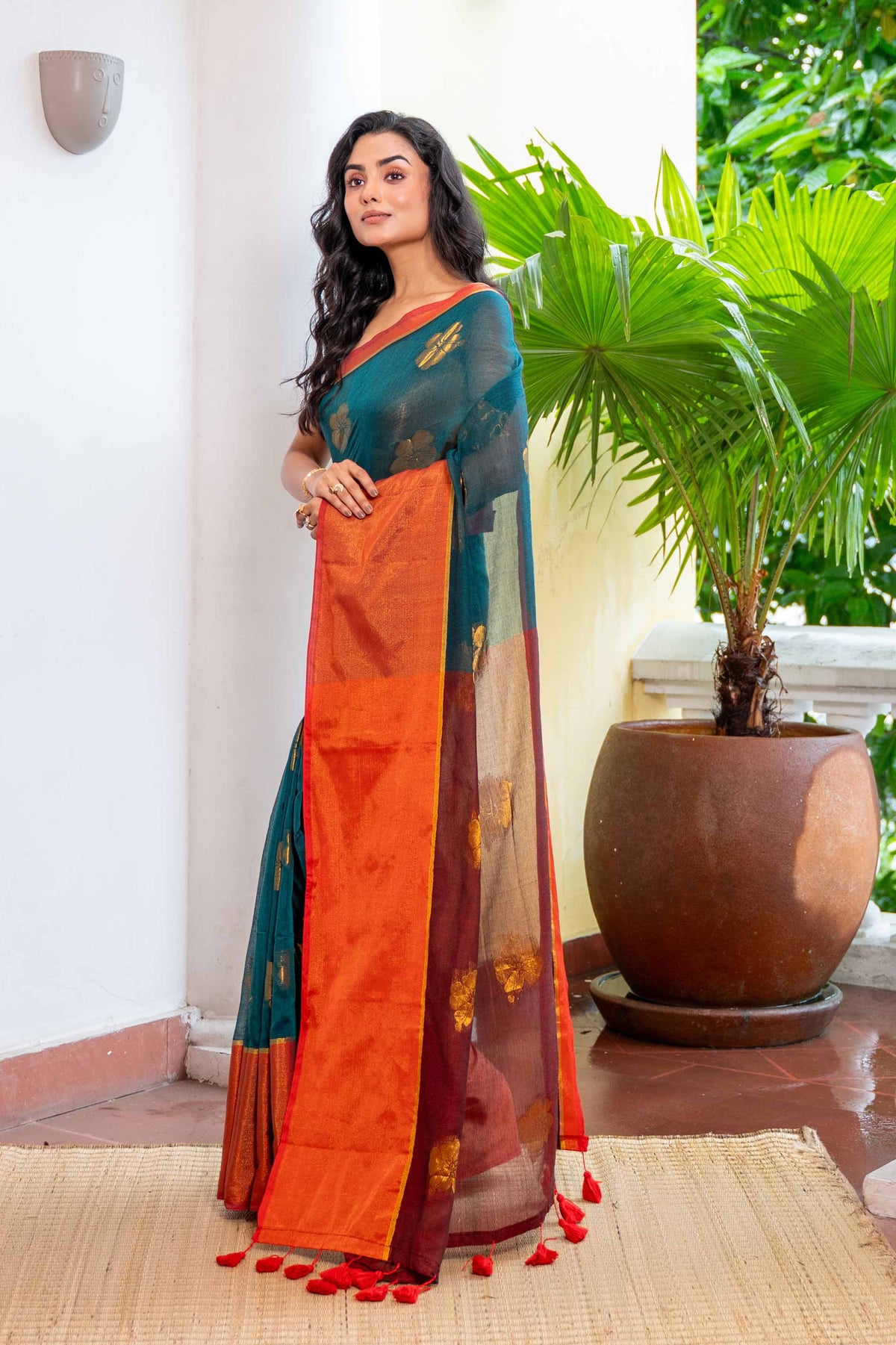 Teal Hibiscus Gold Zari Thread Mulmul Cotton Saree with Blouse Piece