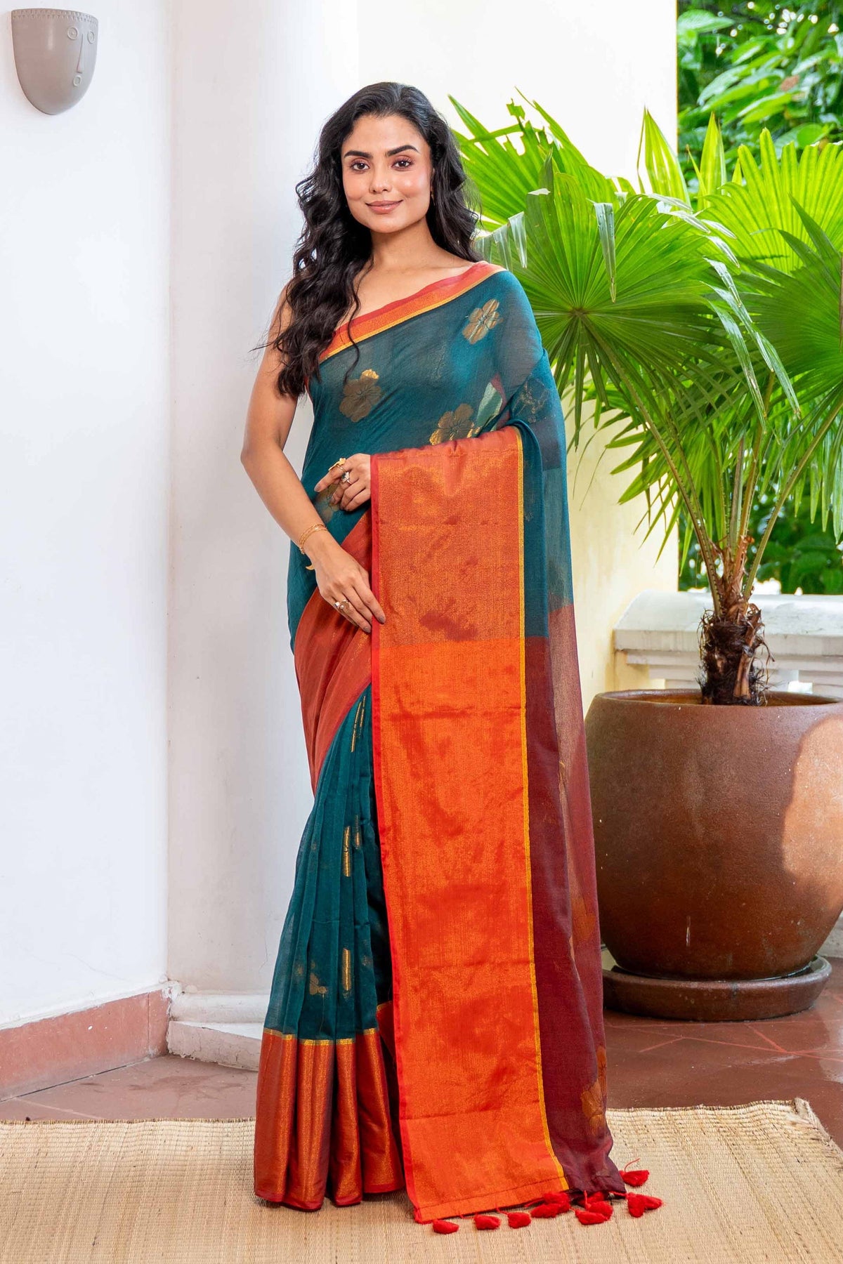Teal Hibiscus Gold Zari Thread Mulmul Cotton Saree with Blouse Piece