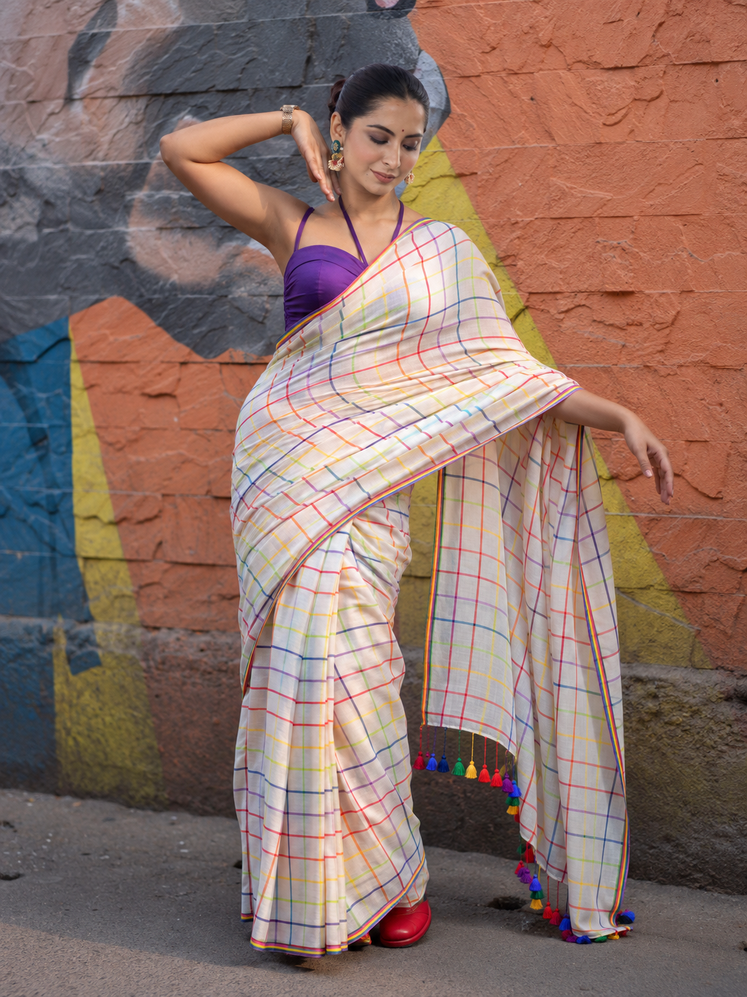 White Pure Mulmul Cotton Saree with Multicolor Checks