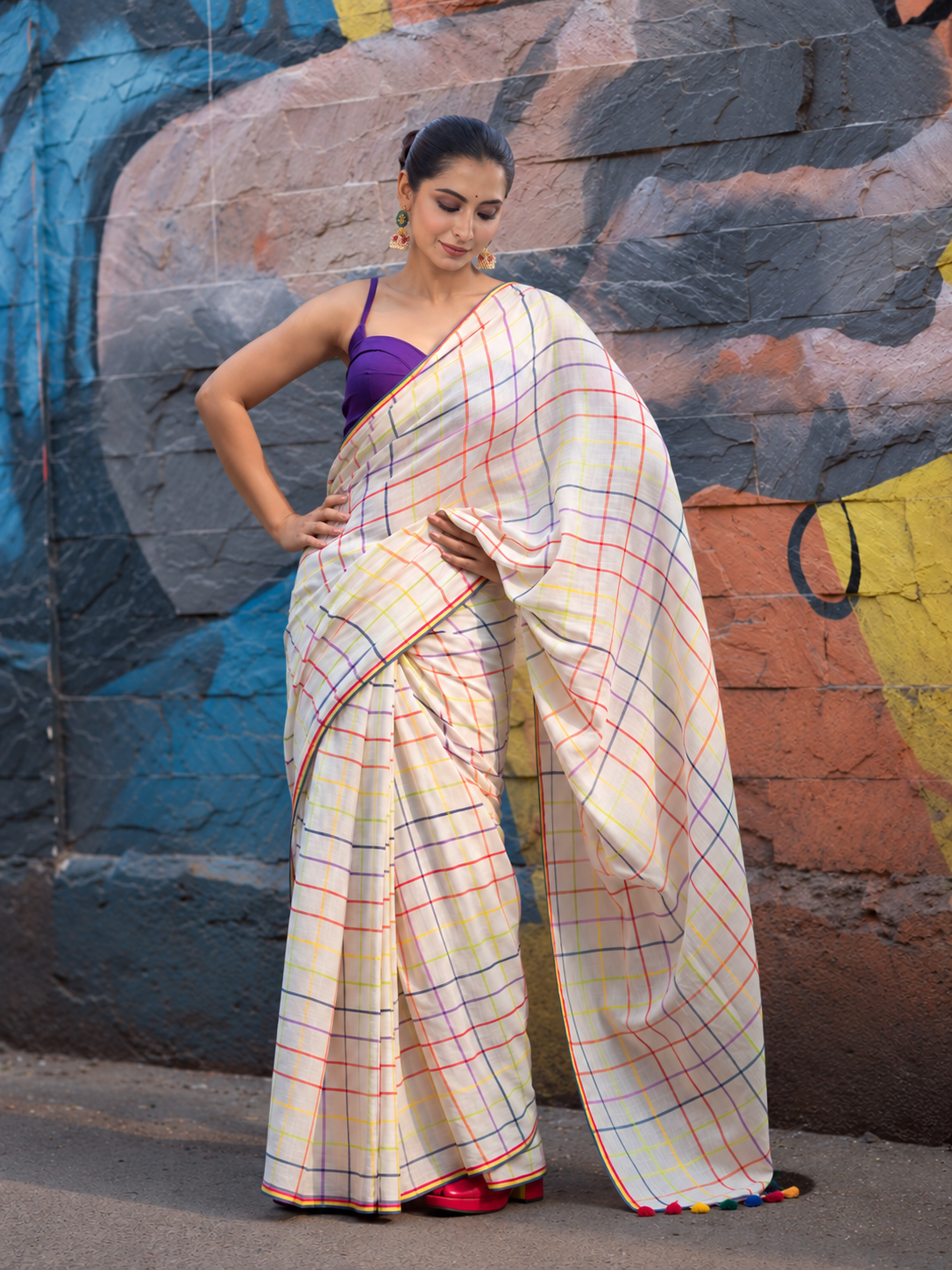 White Pure Mulmul Cotton Saree with Multicolor Checks