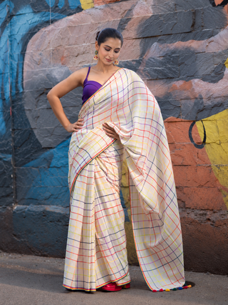 White Pure Mulmul Cotton Saree with Multicolor Checks