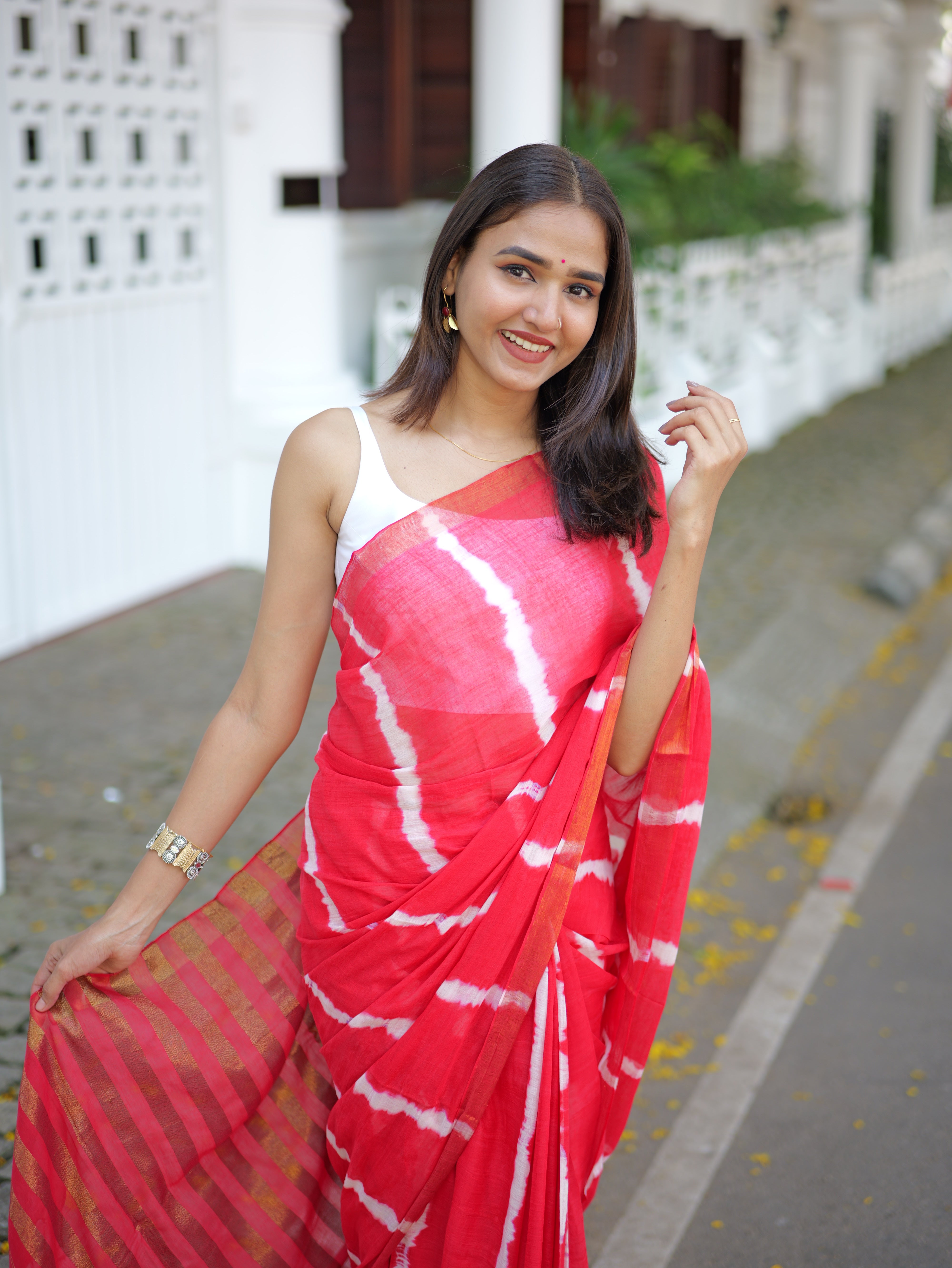 Red Shibori Print Mul Mul Cotton Saree