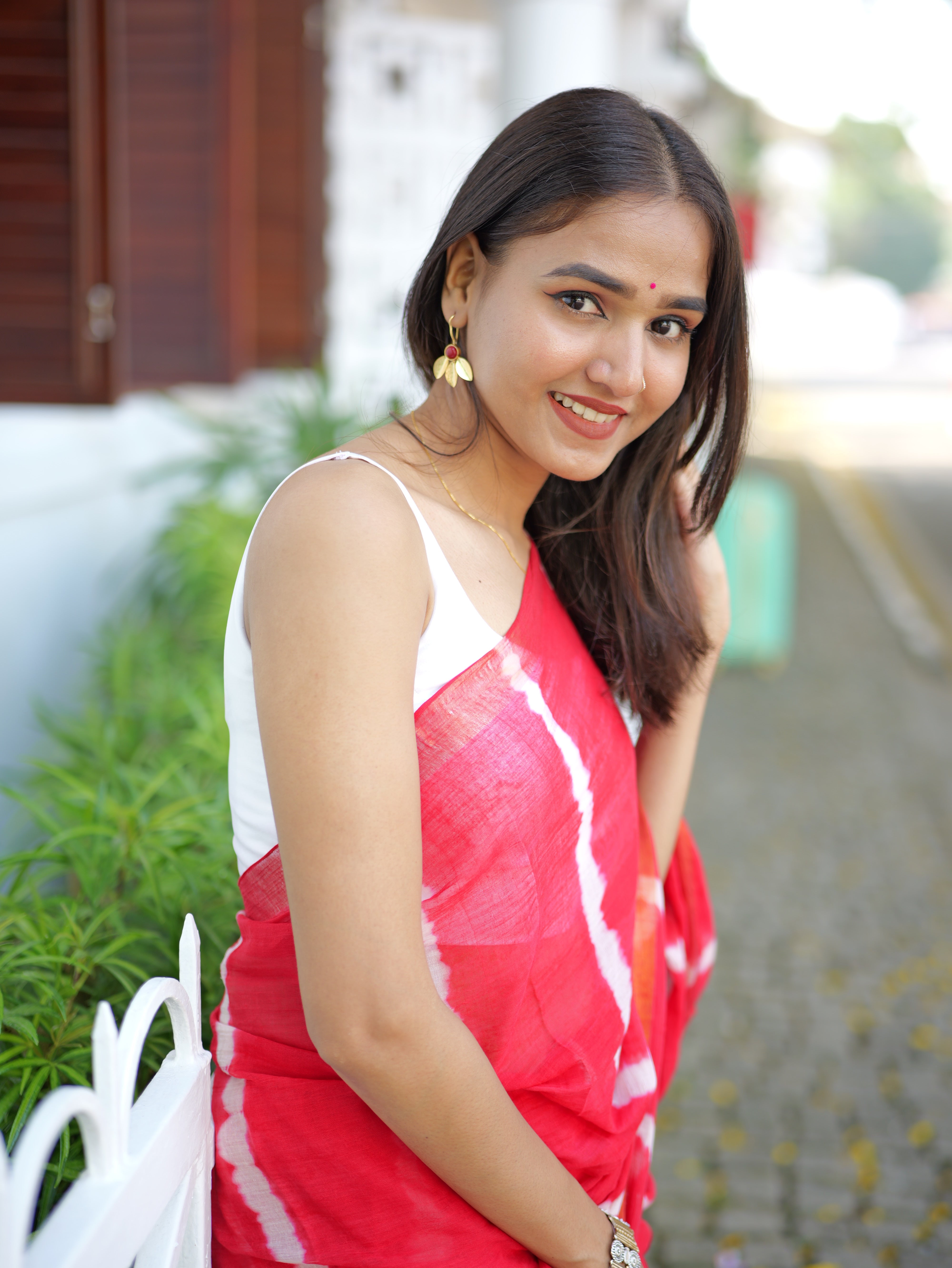 Red Shibori Print Mul Mul Cotton Saree