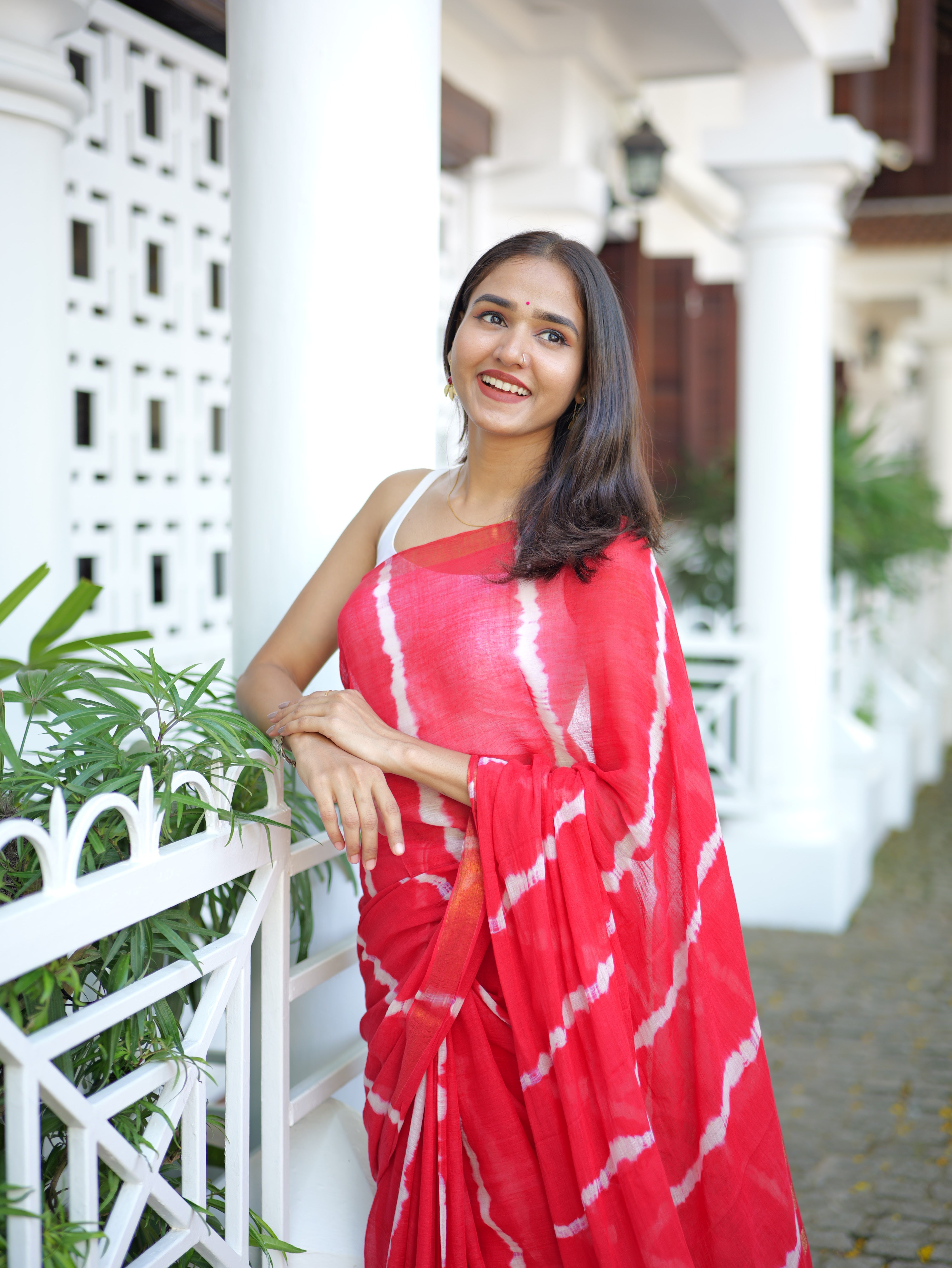 Red Shibori Print Mul Mul Cotton Saree