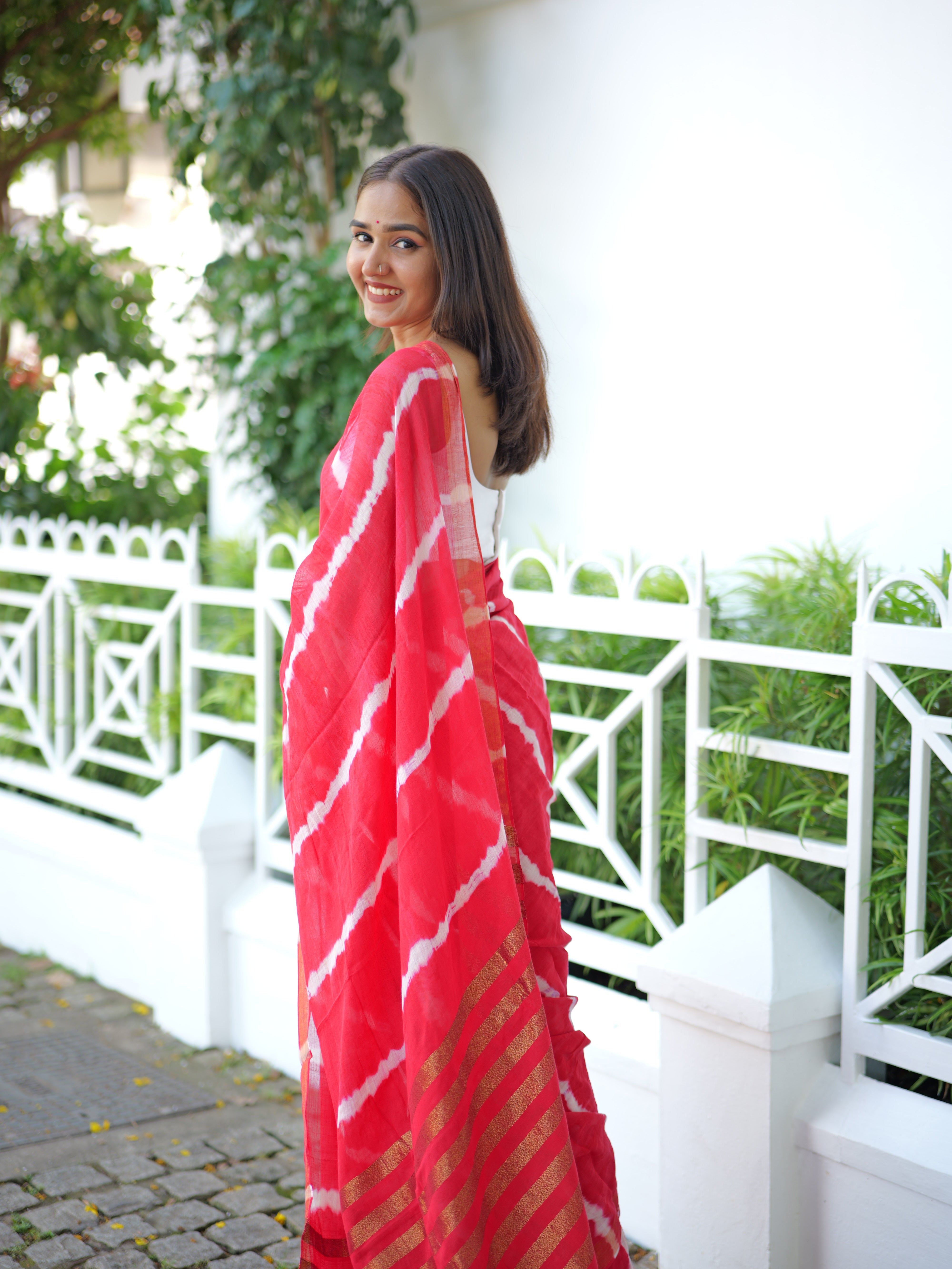Red Shibori Print Mul Mul Cotton Saree