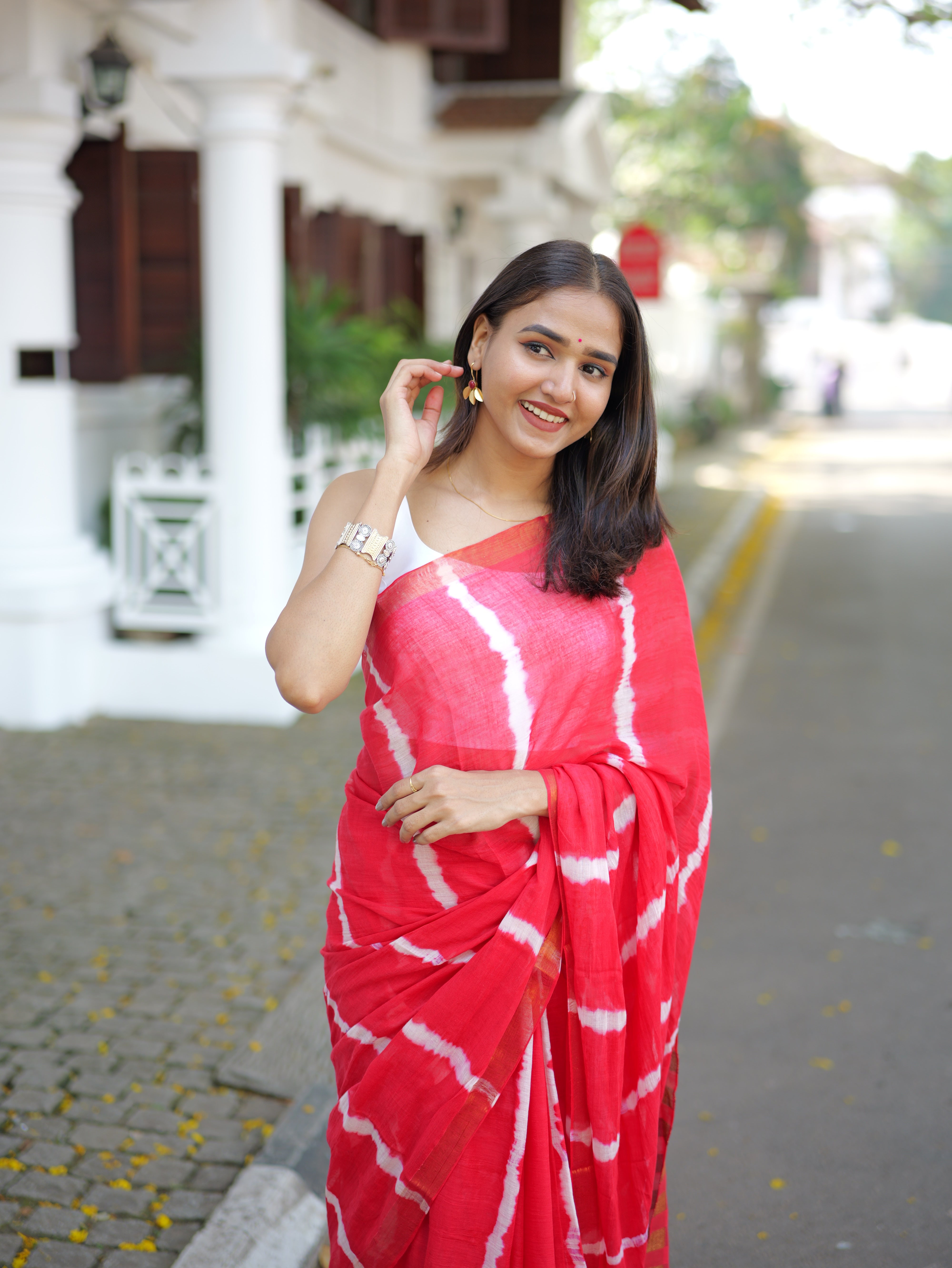 Red Shibori Print Mul Mul Cotton Saree