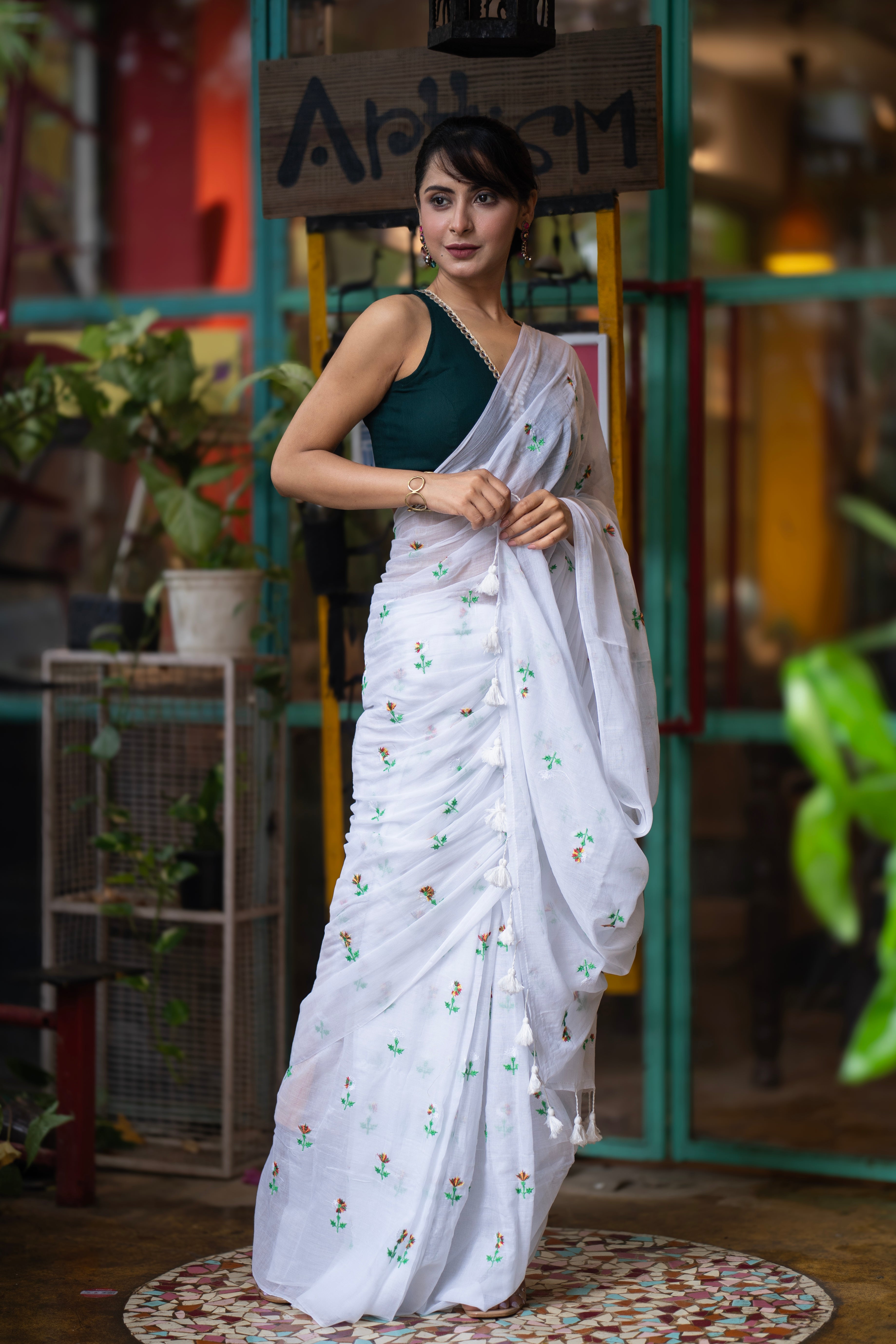 Embroidered Mul Mul Cotton Saree- White