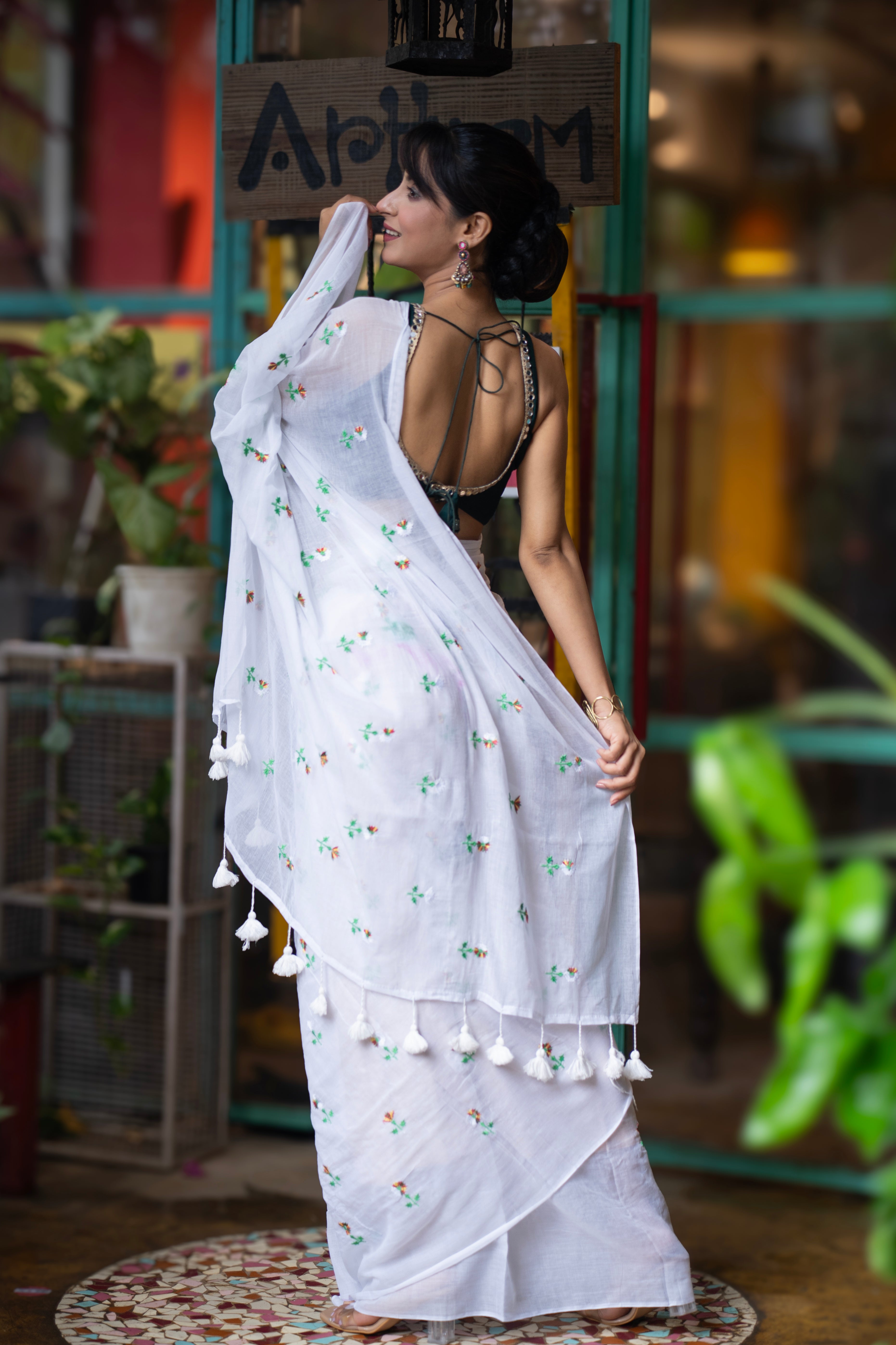 Embroidered Mul Mul Cotton Saree- White
