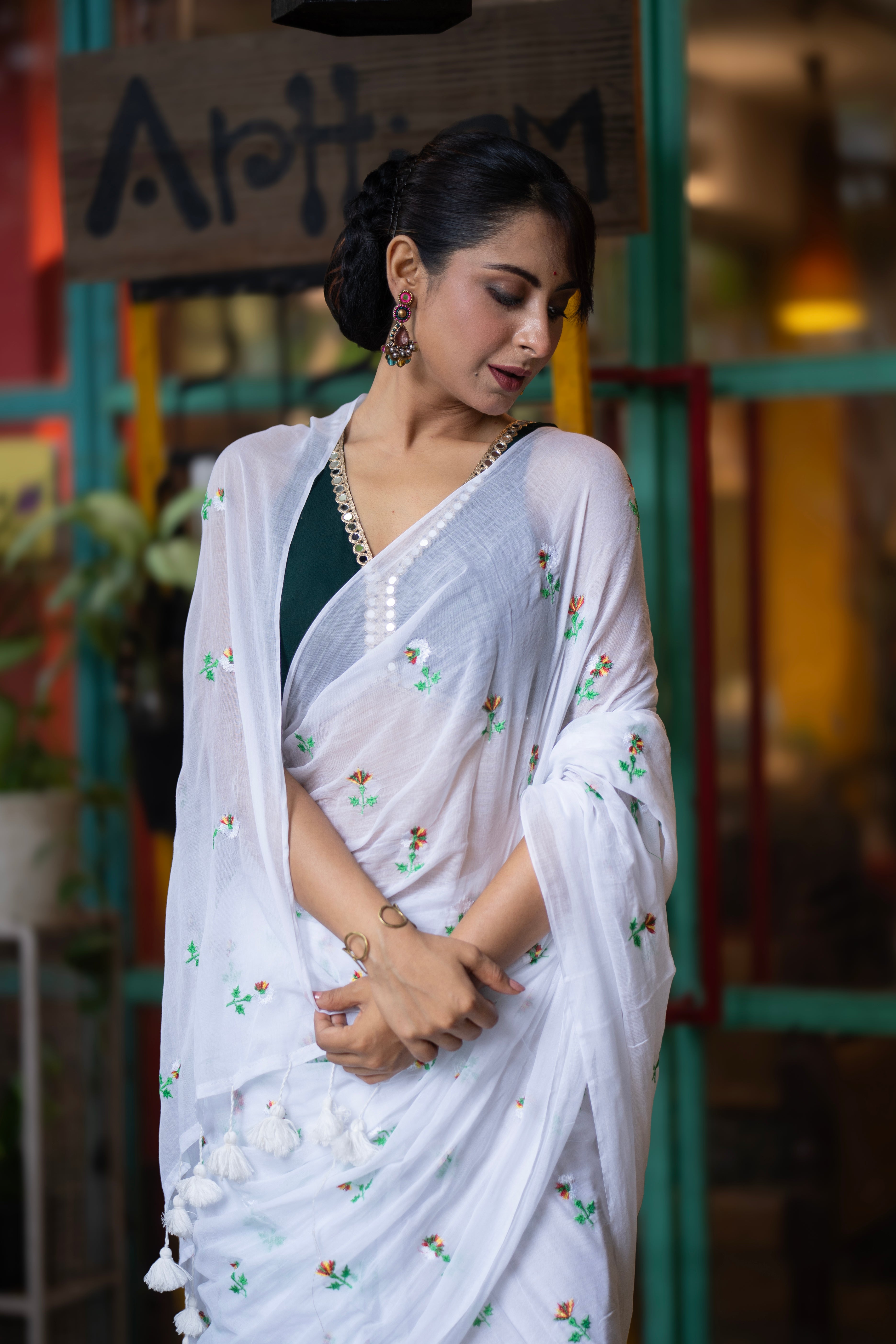 Embroidered Mul Mul Cotton Saree- White