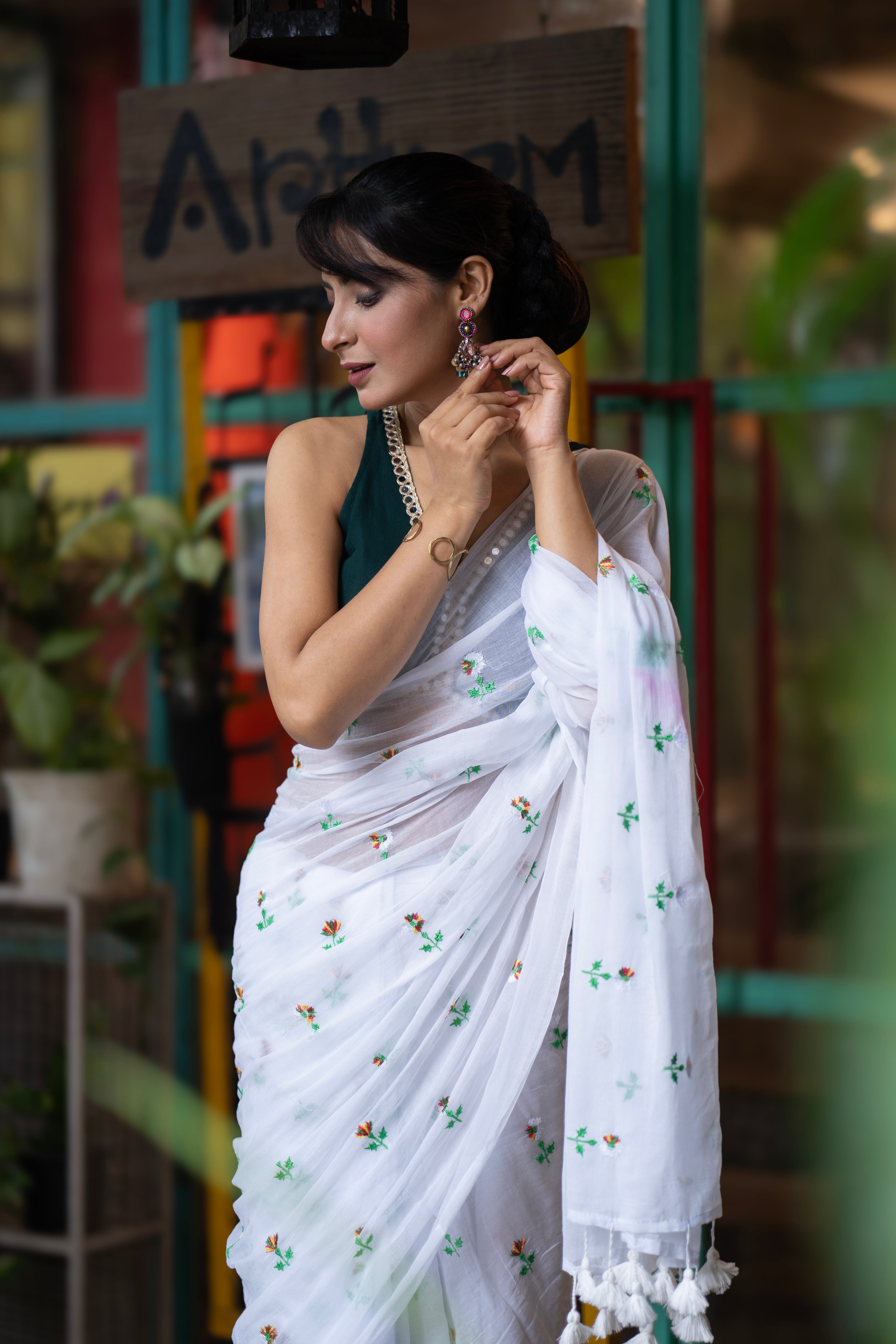 Embroidered Mul Mul Cotton Saree- White