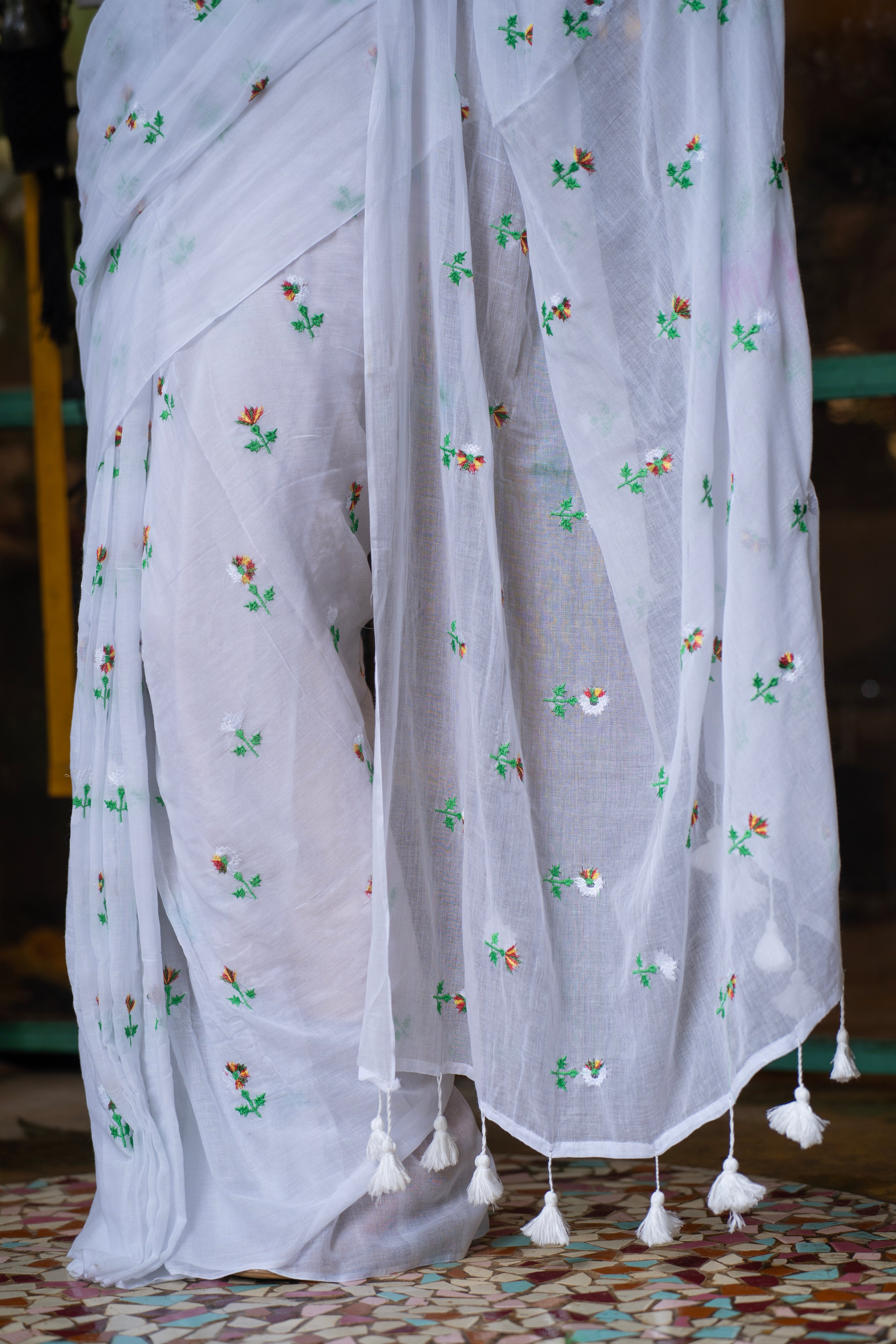 Embroidered Mul Mul Cotton Saree- White
