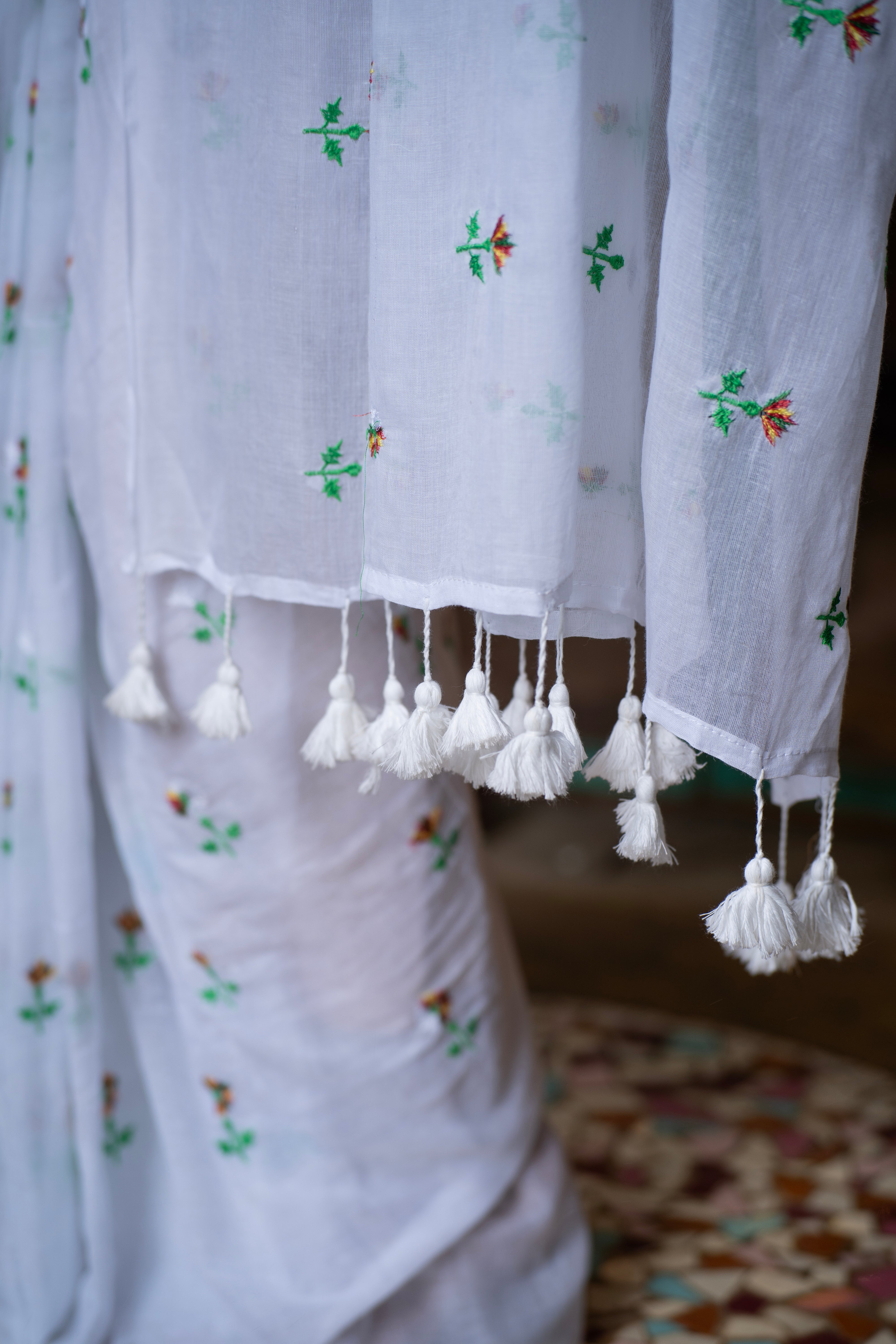 Embroidered Mul Mul Cotton Saree- White