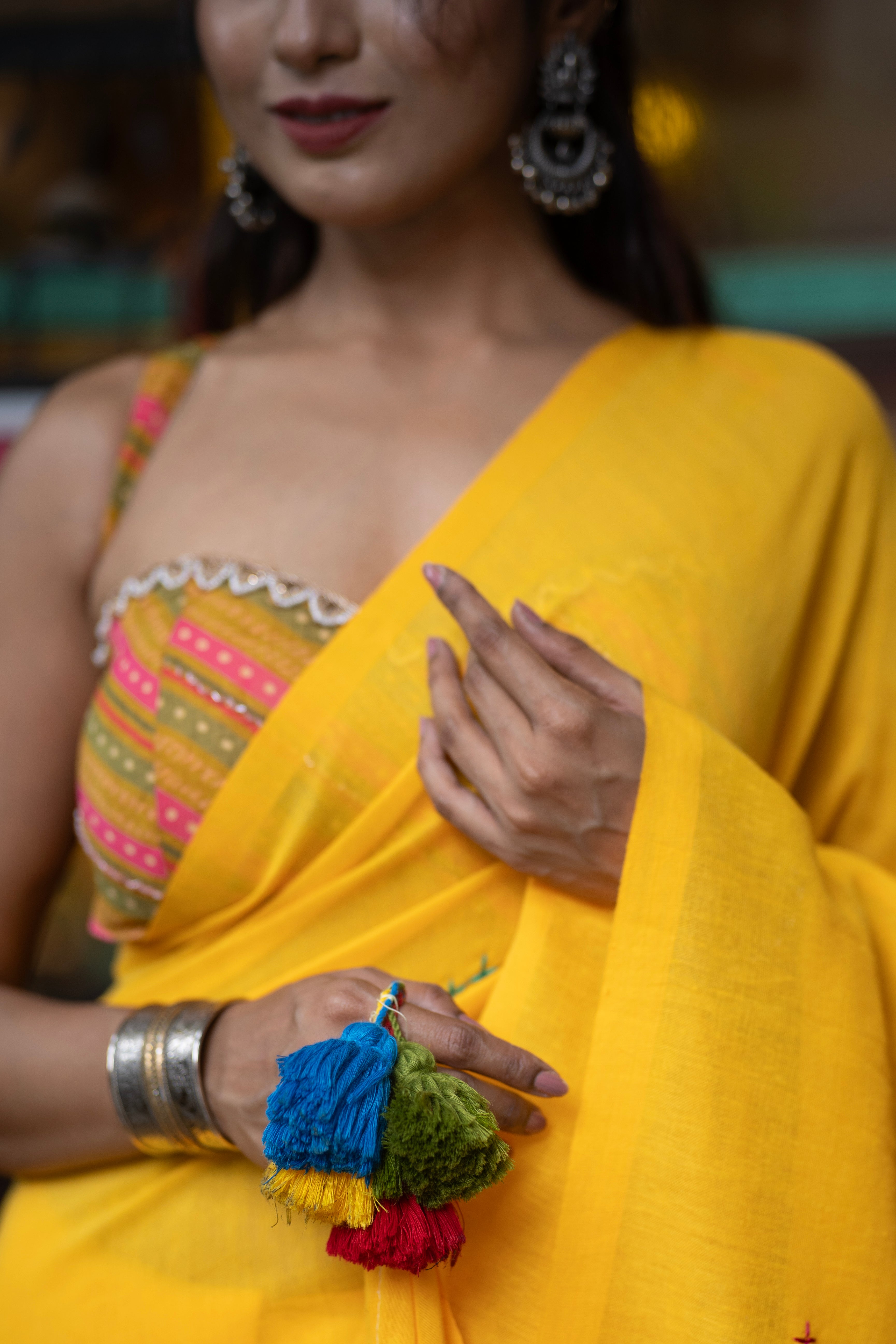Yellow mul Cotton Saree with Mirror Work & Pompom Border