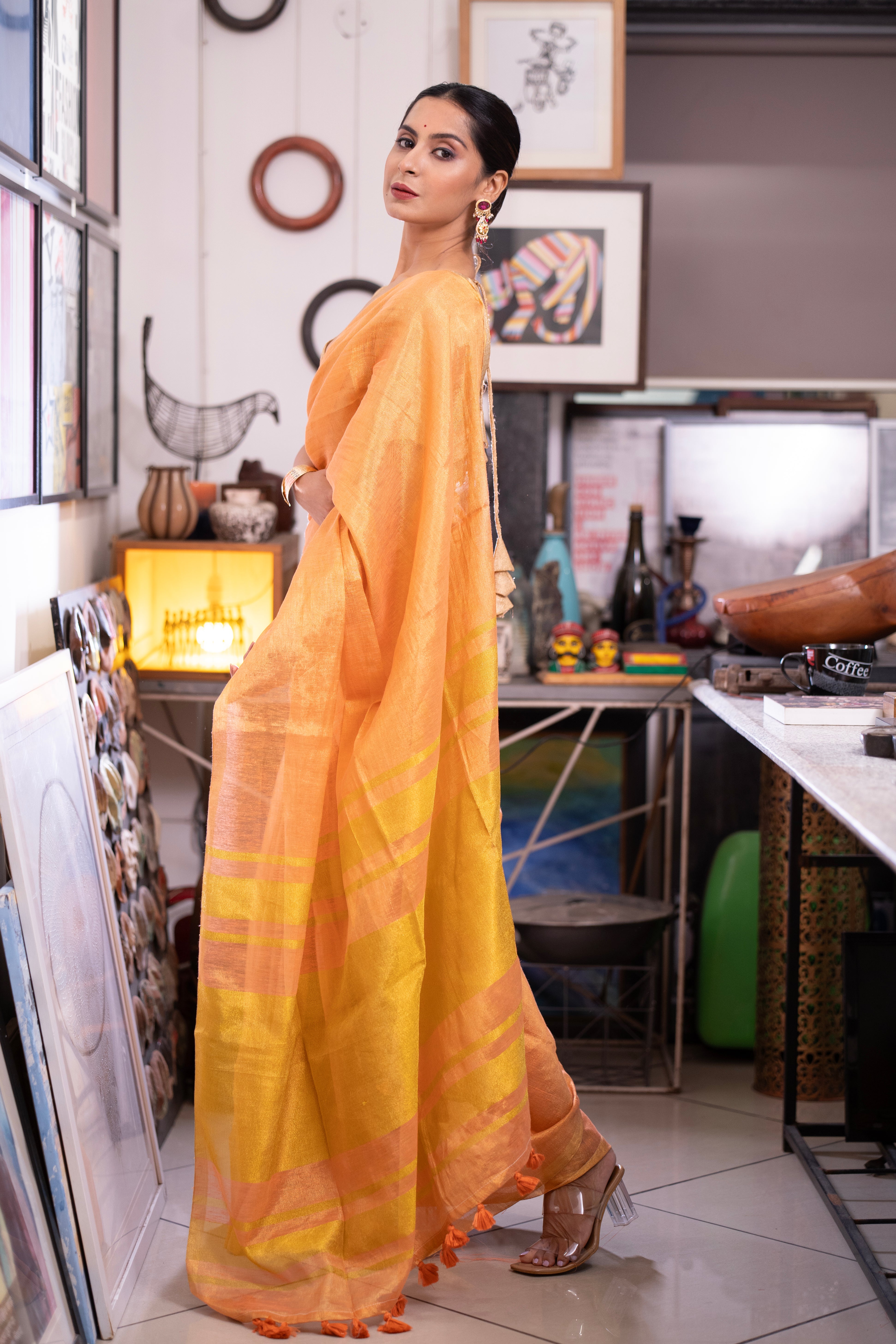 Rust Pink Dual Tone Pure Tissue Linen Saree