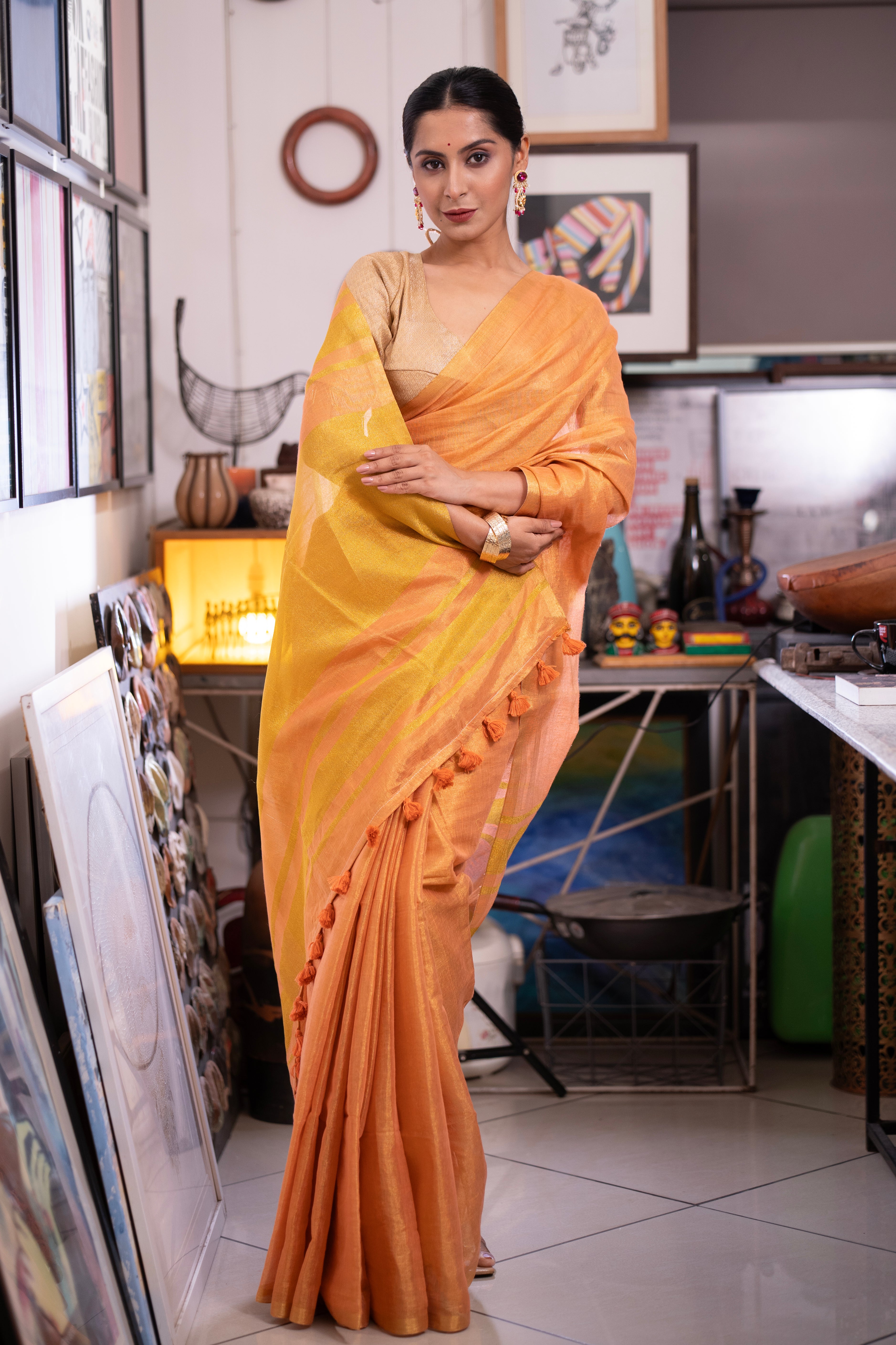 Rust Pink Dual Tone Pure Tissue Linen Saree with blouse piece