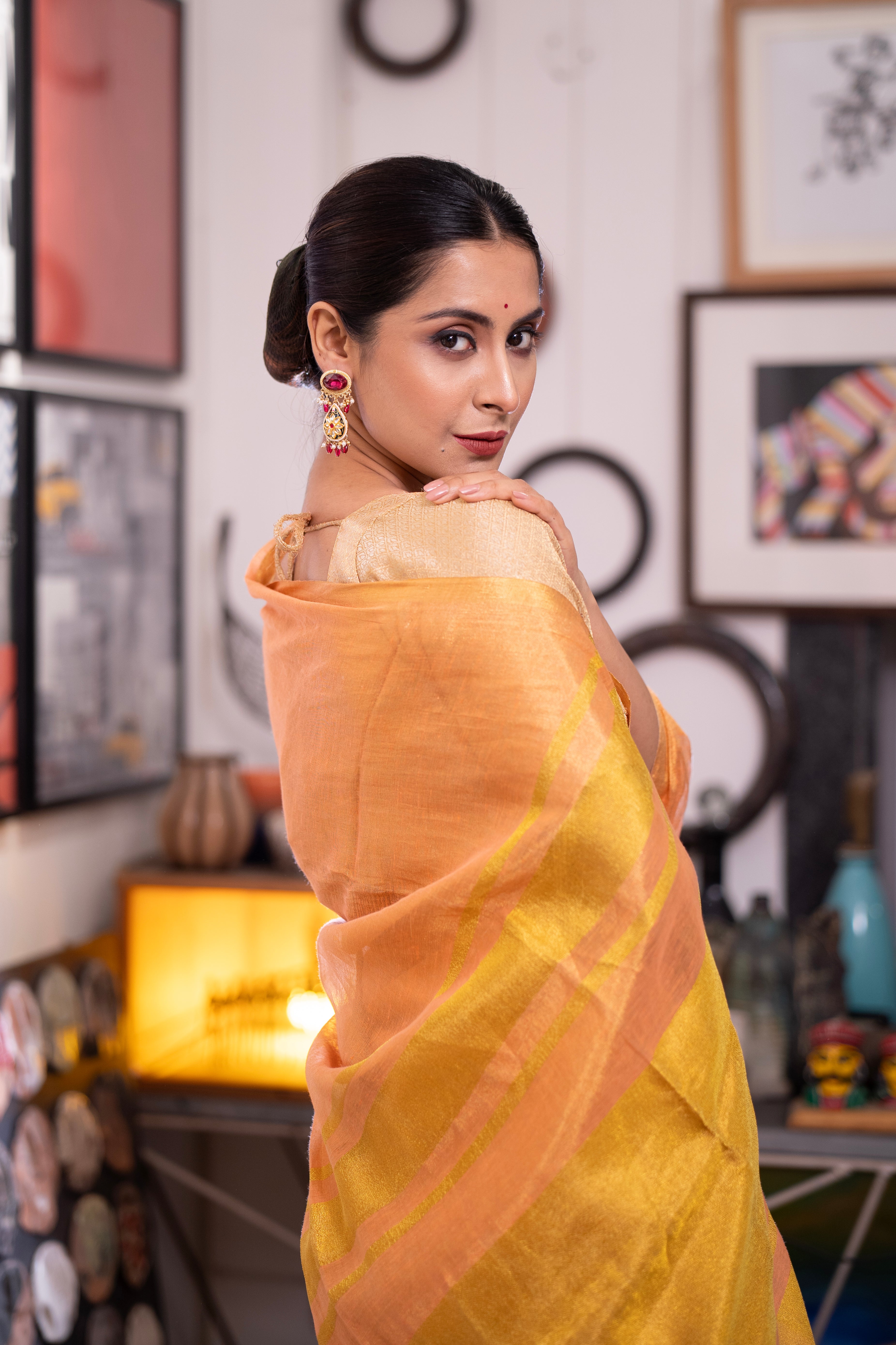 Rust Pink Dual Tone Pure Tissue Linen Saree with blouse piece