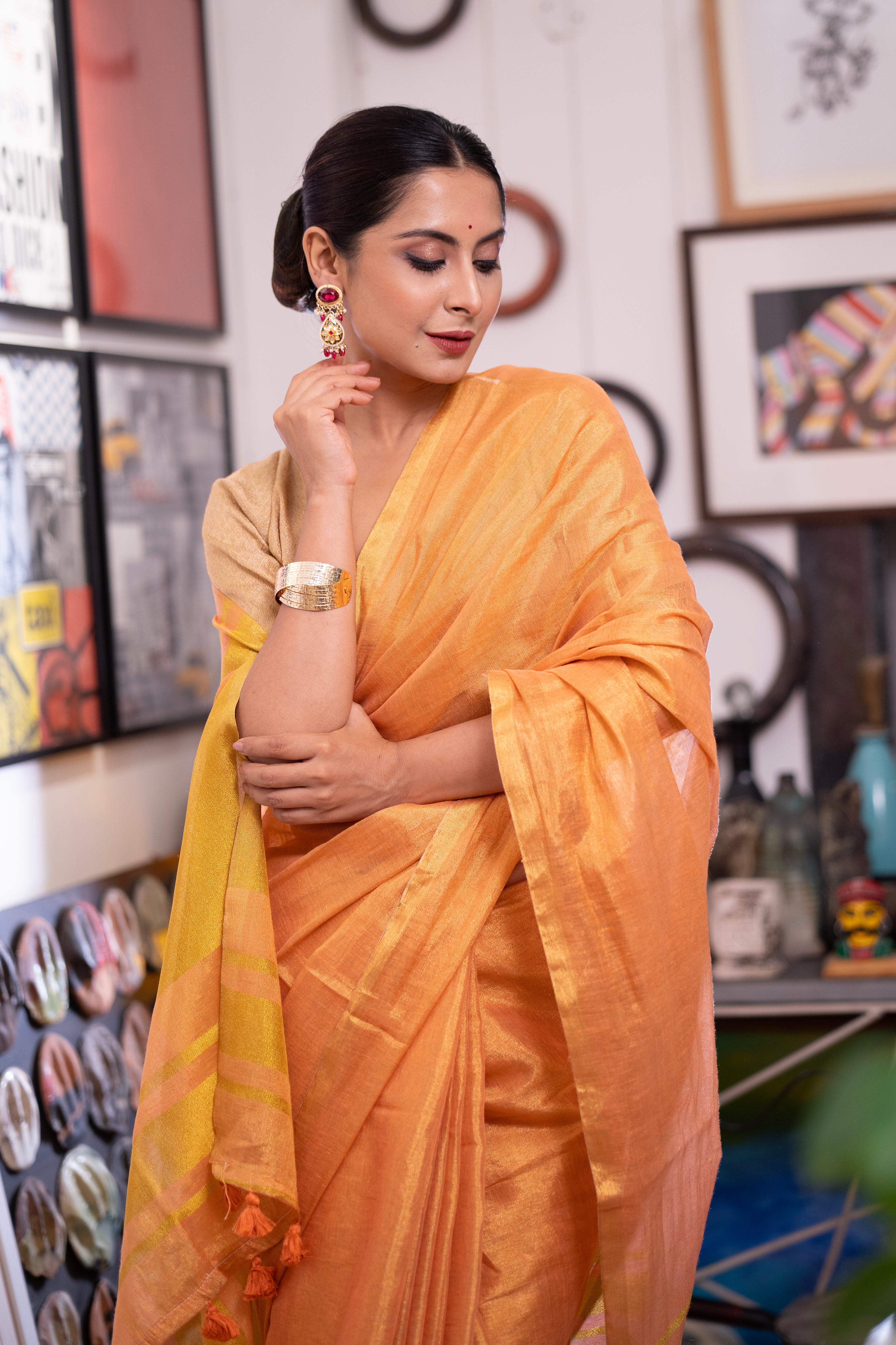 Rust Pink Dual Tone Pure Tissue Linen Saree with blouse piece