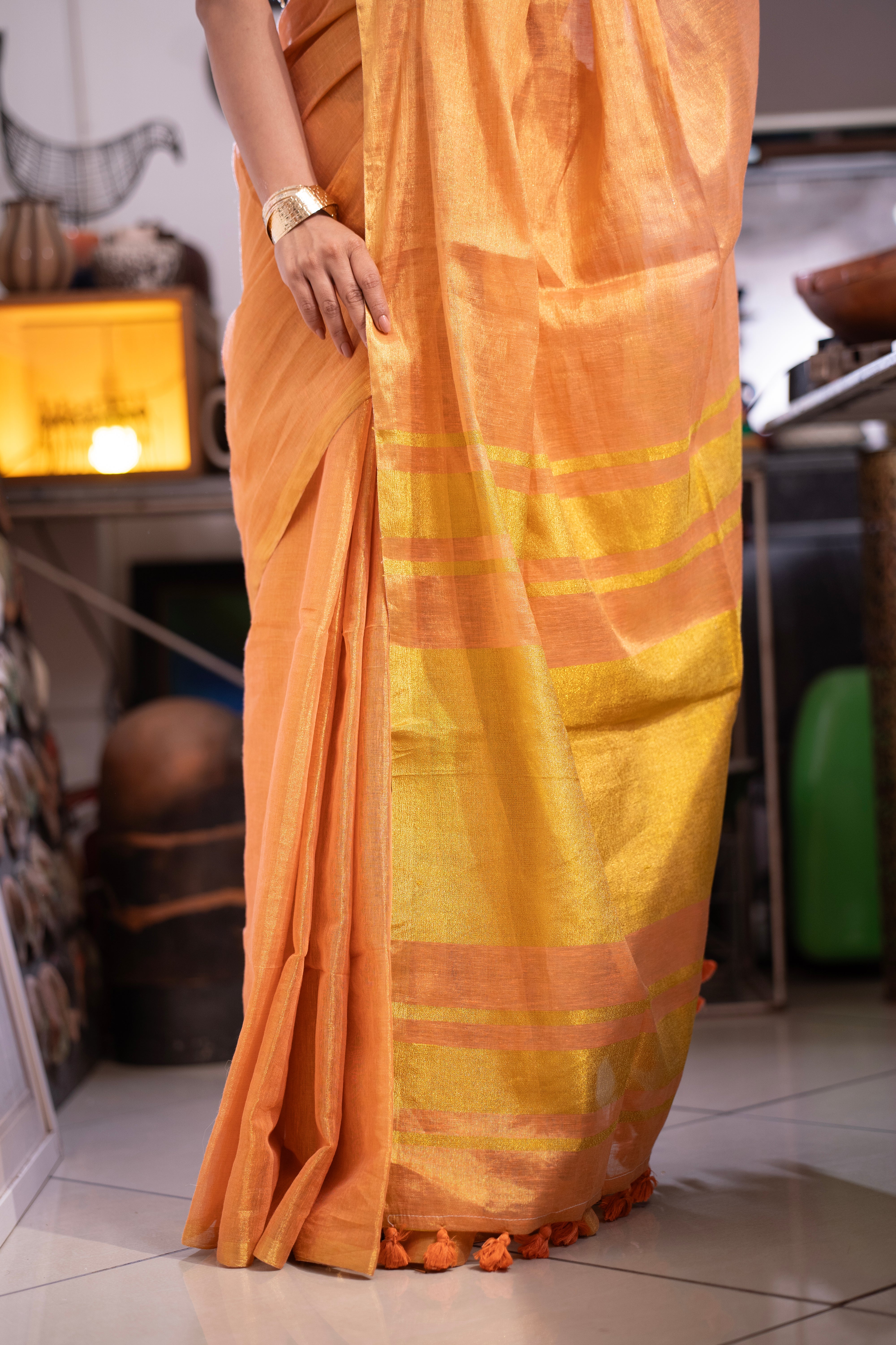 Rust Pink Dual Tone Pure Tissue Linen Saree with blouse piece