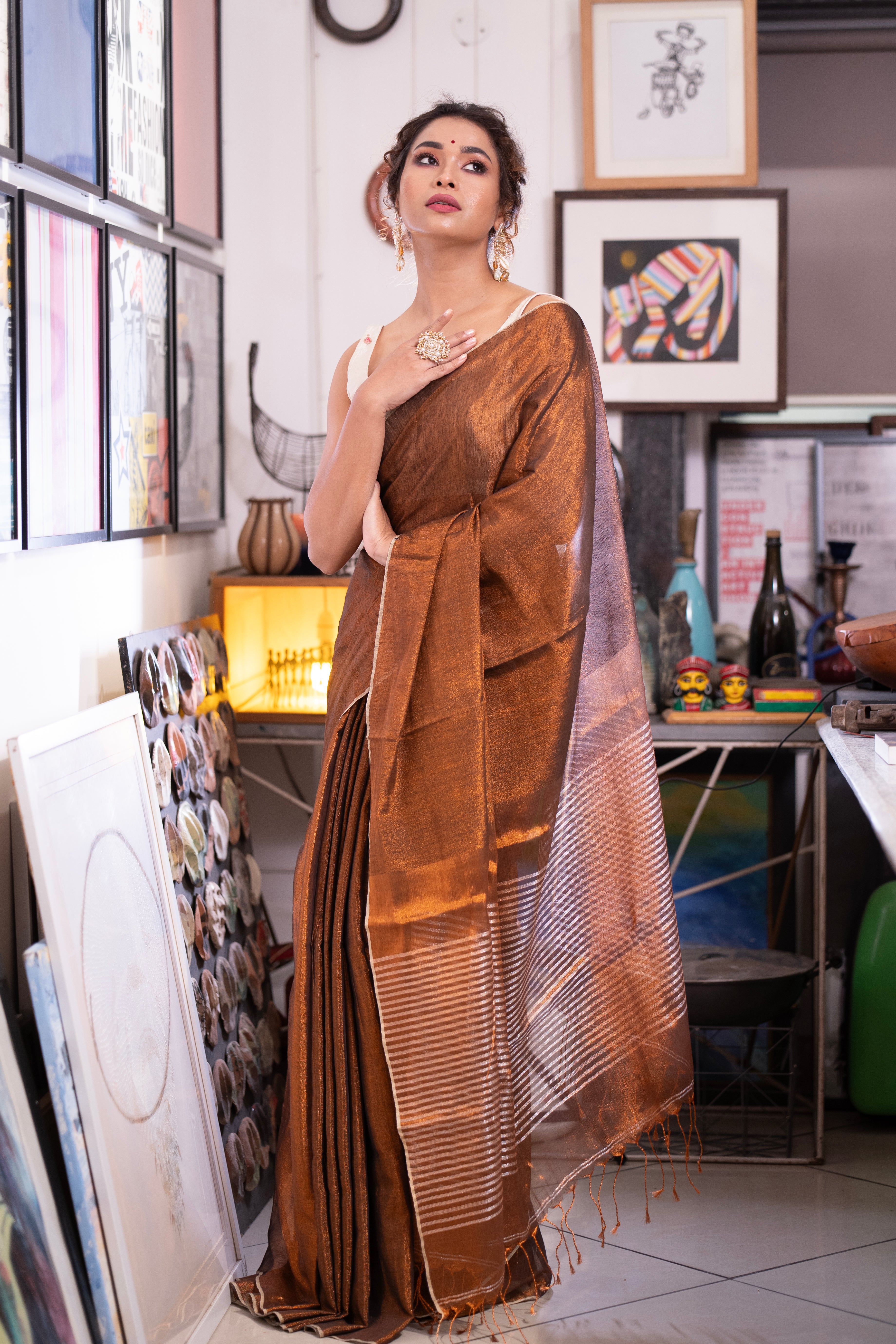 Copper Dual Tone Pure Tissue Linen Saree