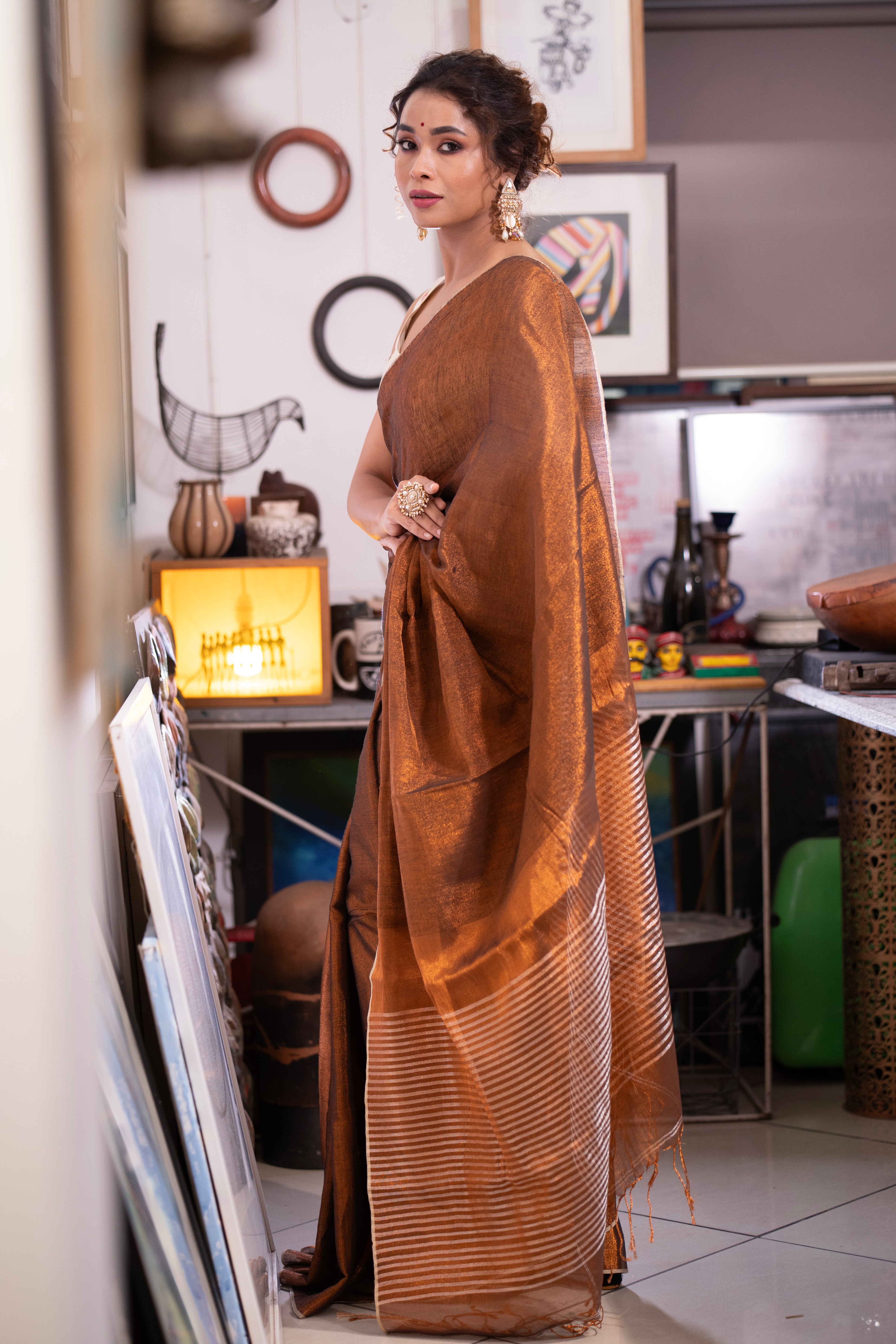 Copper Dual Tone Pure Tissue Linen Saree