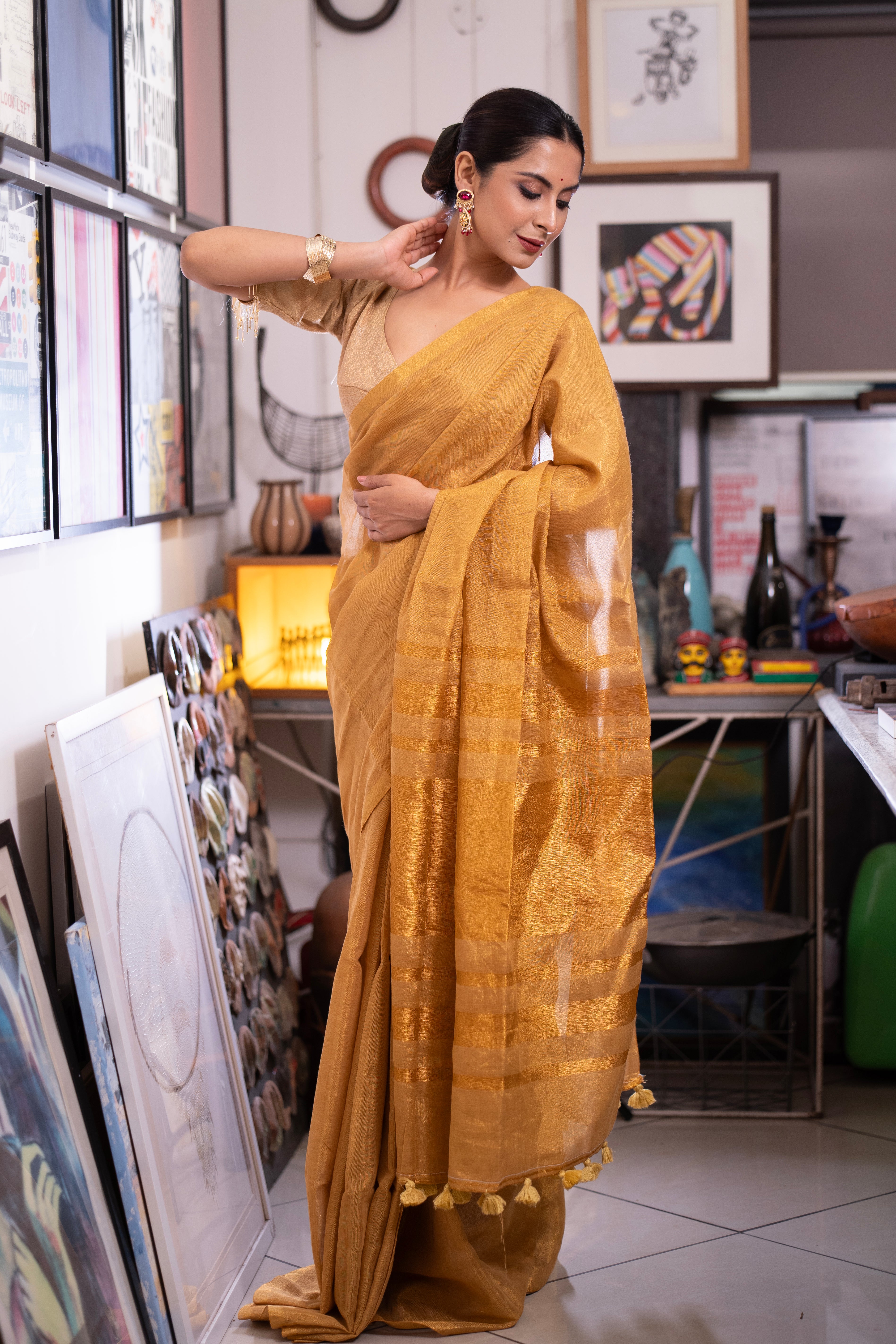Golden Dual Tone Pure Tissue Linen Saree
